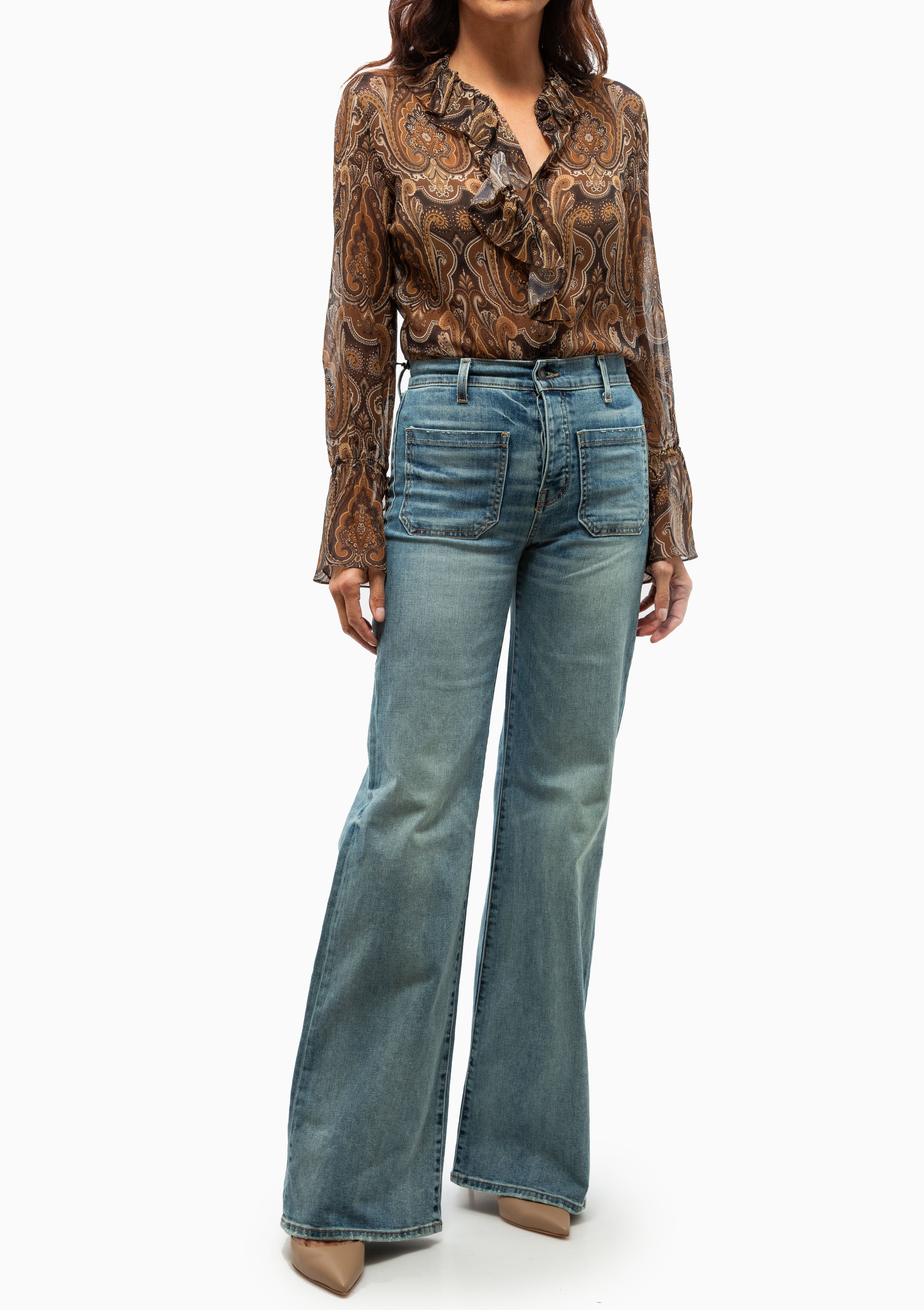 Cecily Shirt in Medallion Paisley by Nili Lotan. Worn with the Florence Jean in Summer Wash. Available at Diani