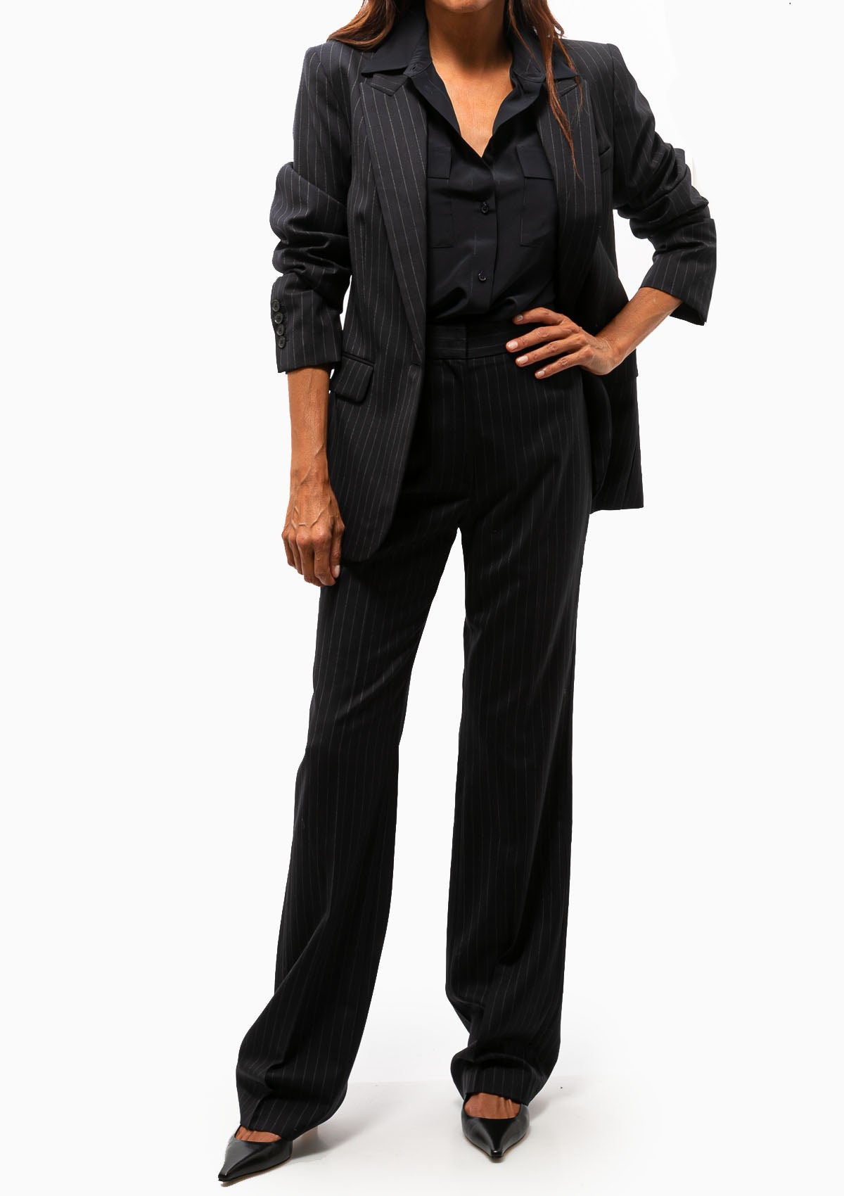 Nili Lotan Corette Pant in Navy Pinstripe. Available at Diani.