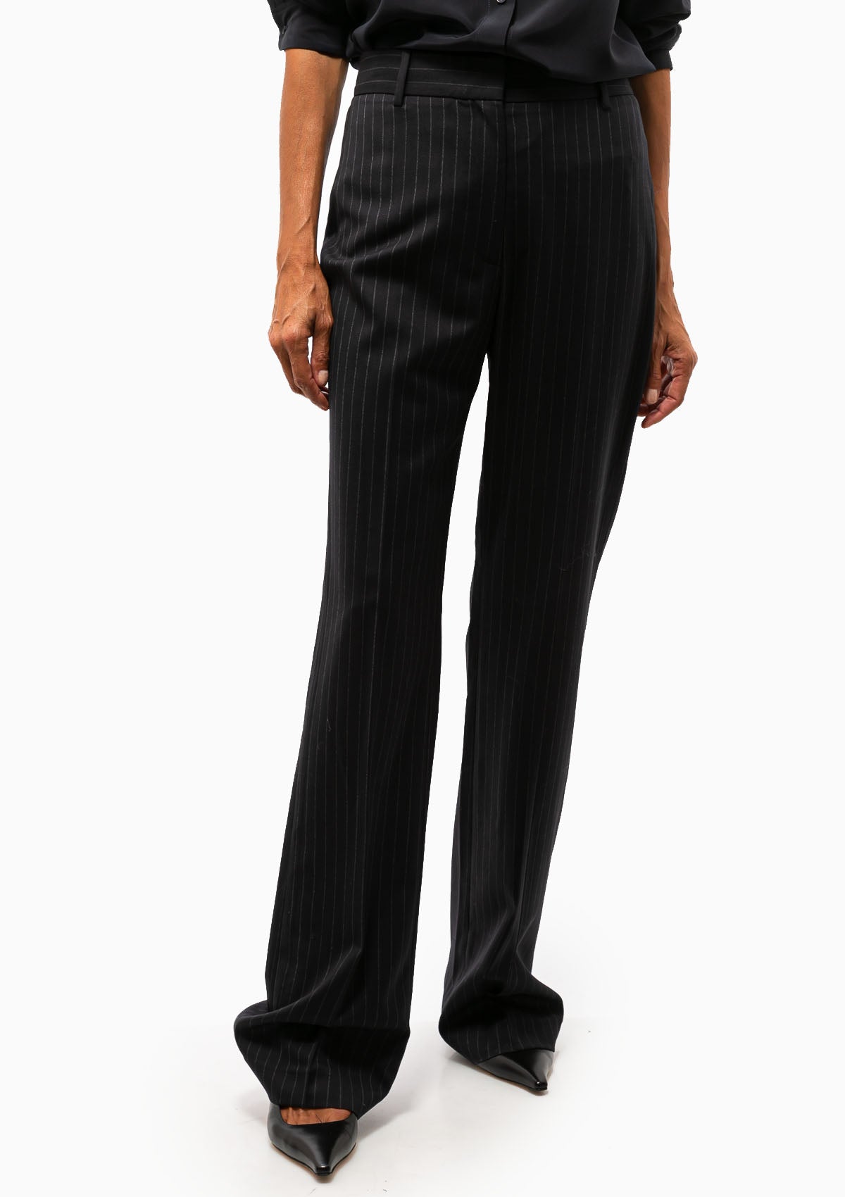 Nili Lotan Corette Pant in Navy Pinstripe. Available at Diani.