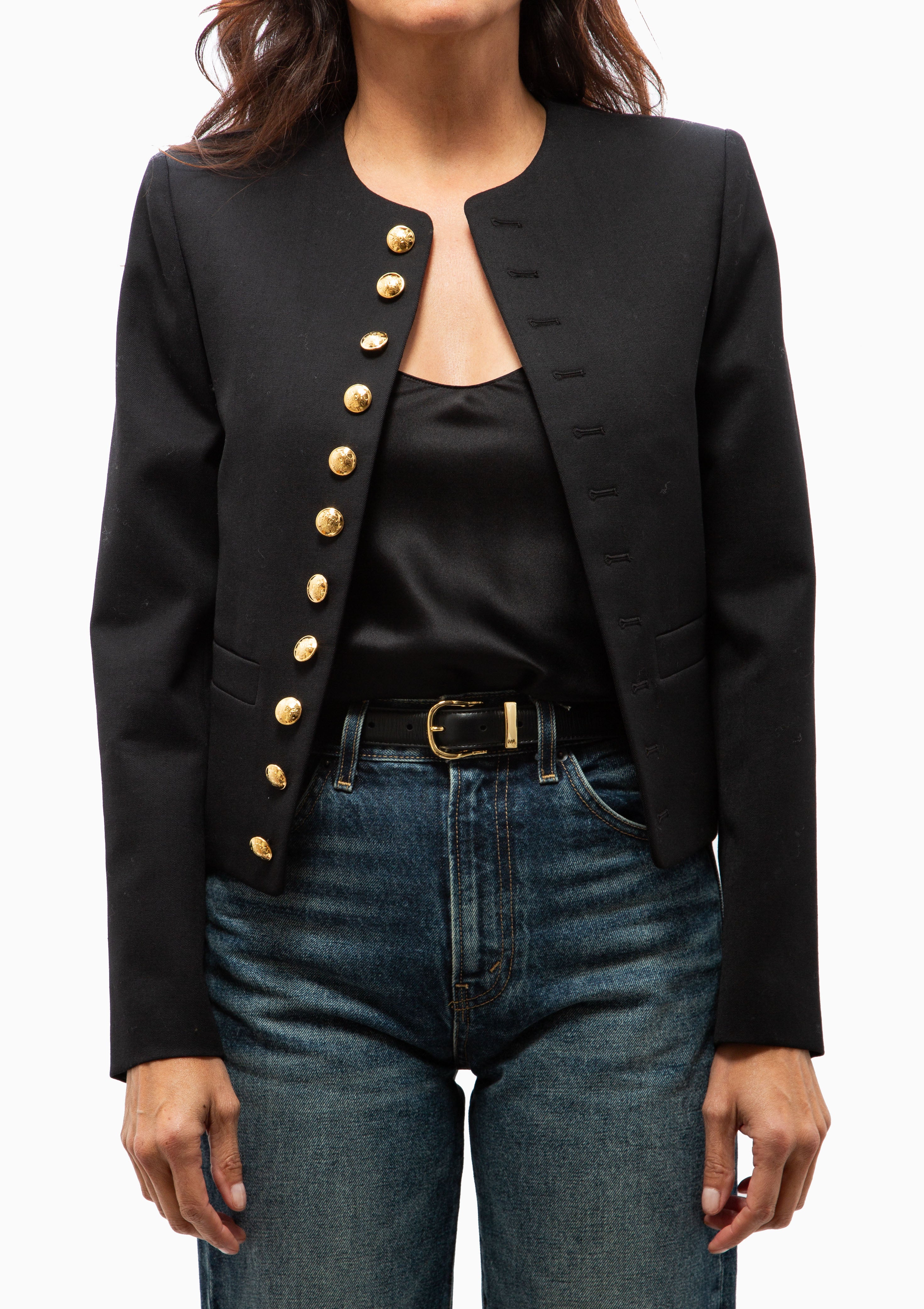 Nili Lotan Patti Short Jacket in Black with gold buttons. Available at Diani.