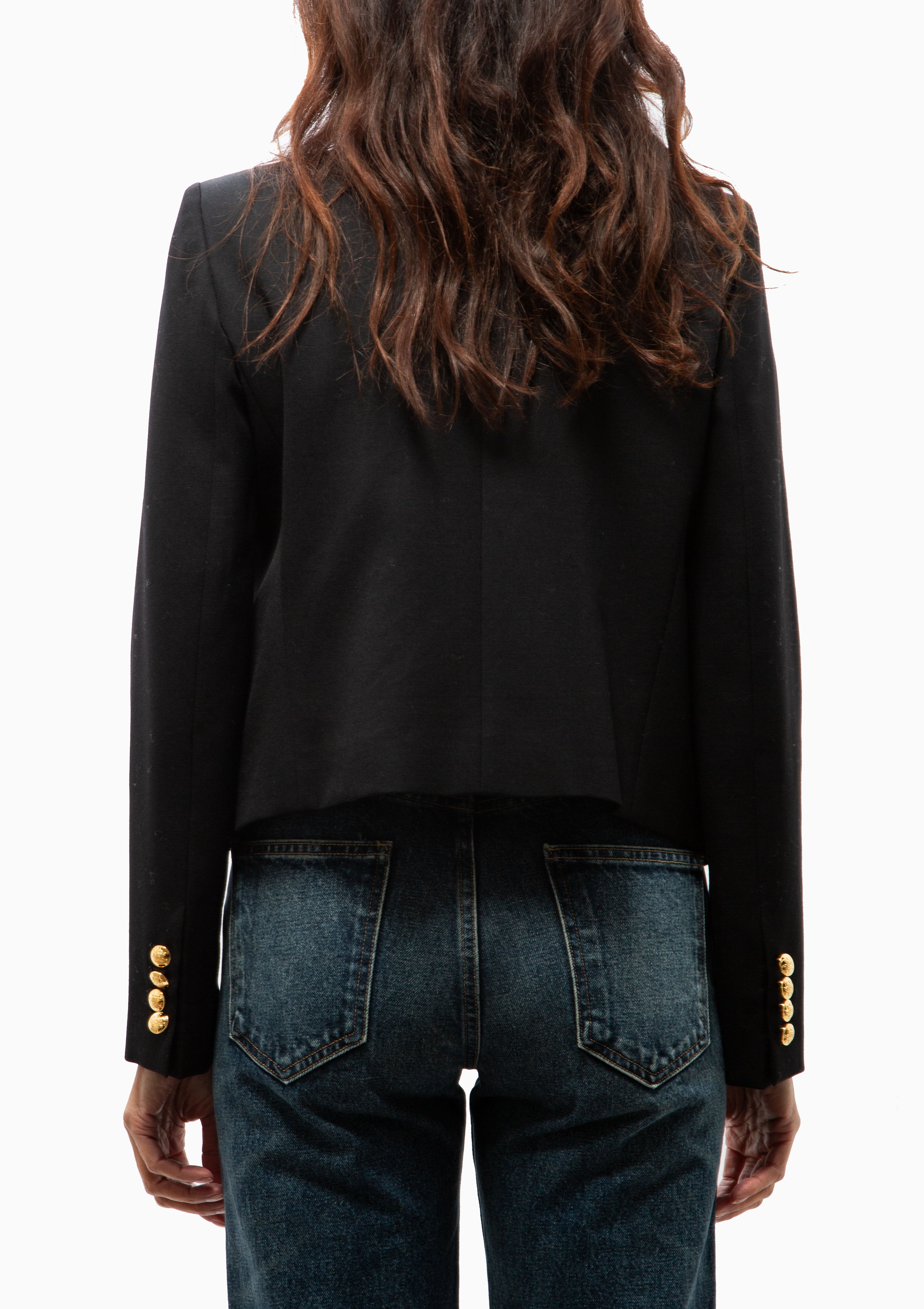 Back view of the Nili Lotan Patti Short Jacket in Black with gold buttons. Available at Diani