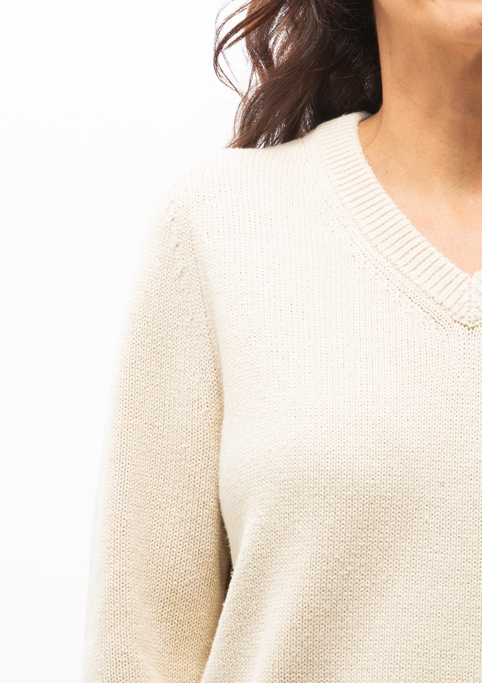 Close up of the Nili Lotan v-neck Priya Sweater. Available at Diani.