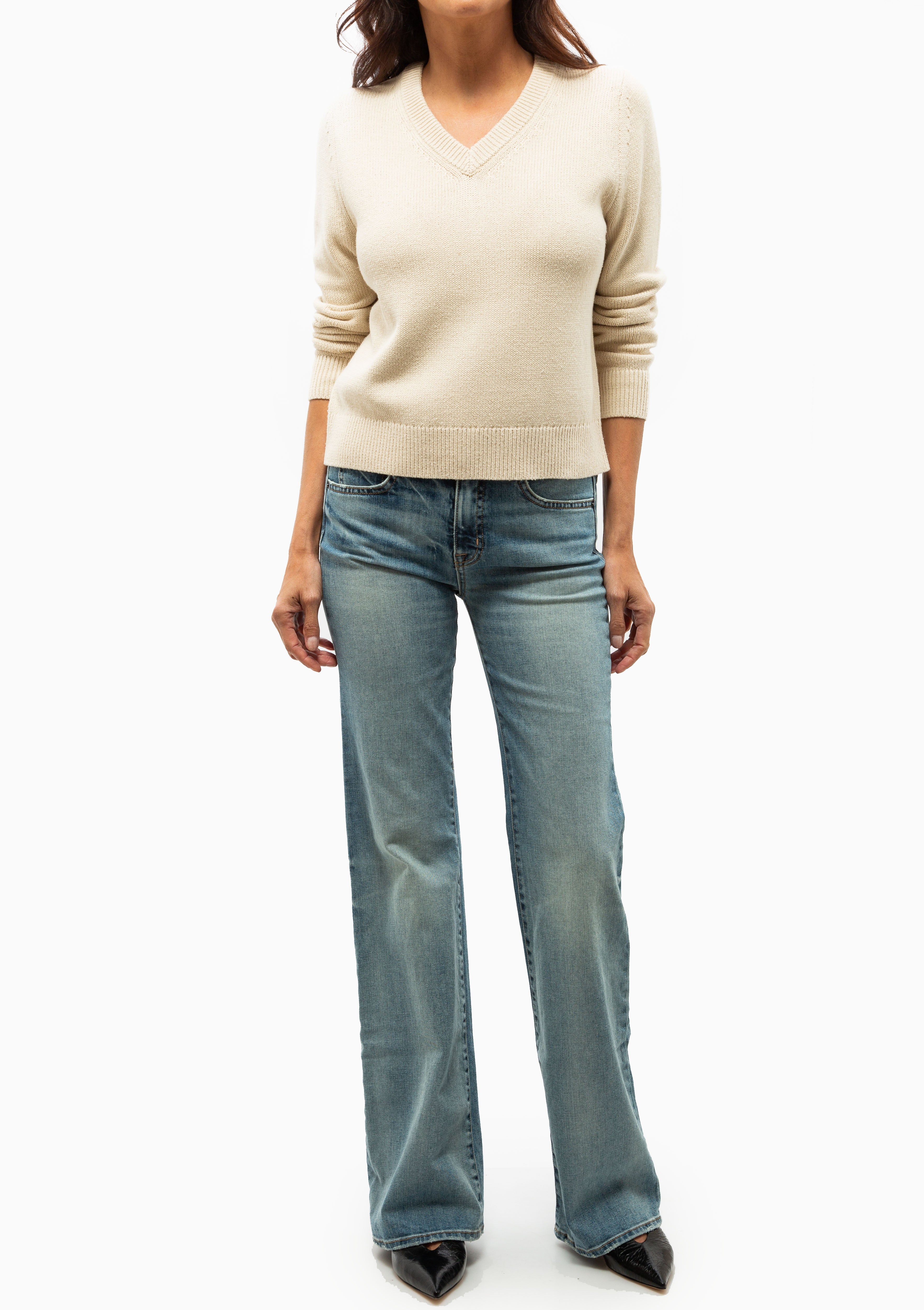 Nili Lotan v-neck Priya Sweater. Shown with the Mithcell Jean in Summer Wash. Available at Diani.