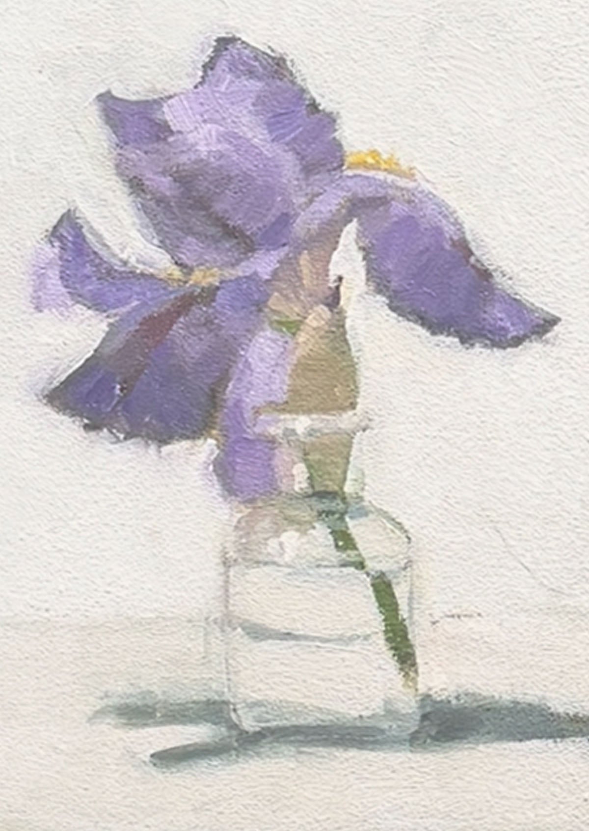 Purple Iris Small Bottle Oil Painting On Panel Mounted | 7"x5"