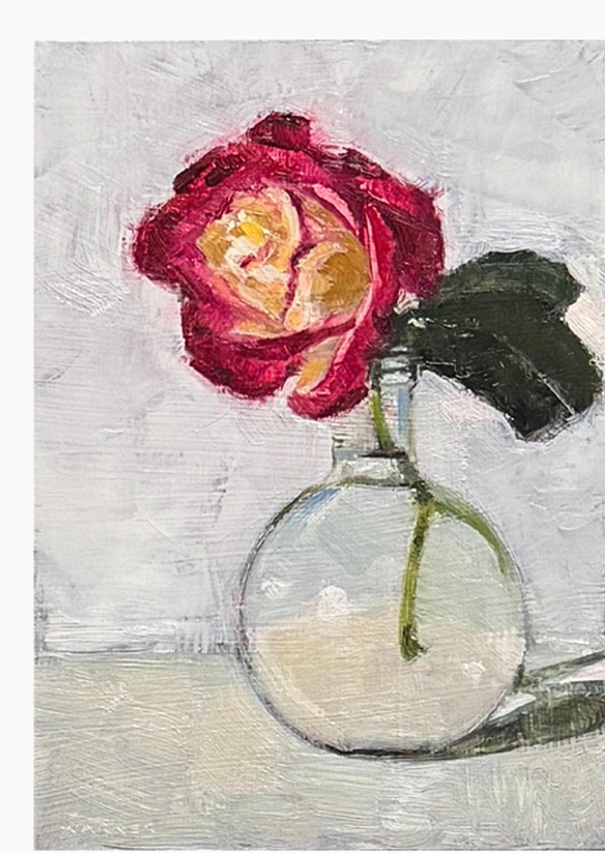 Red-Tip Rose Globe Vase Oil Painting On Panel Mounted | 7"x5"