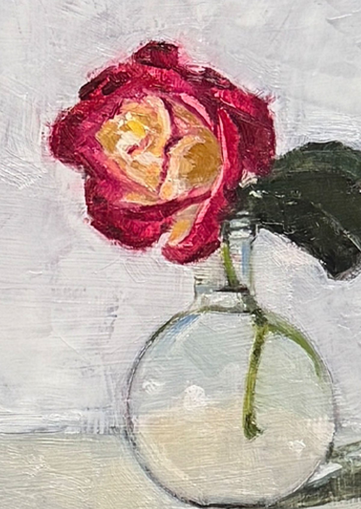 Red-Tip Rose Globe Vase Oil Painting On Panel Mounted | 7"x5"