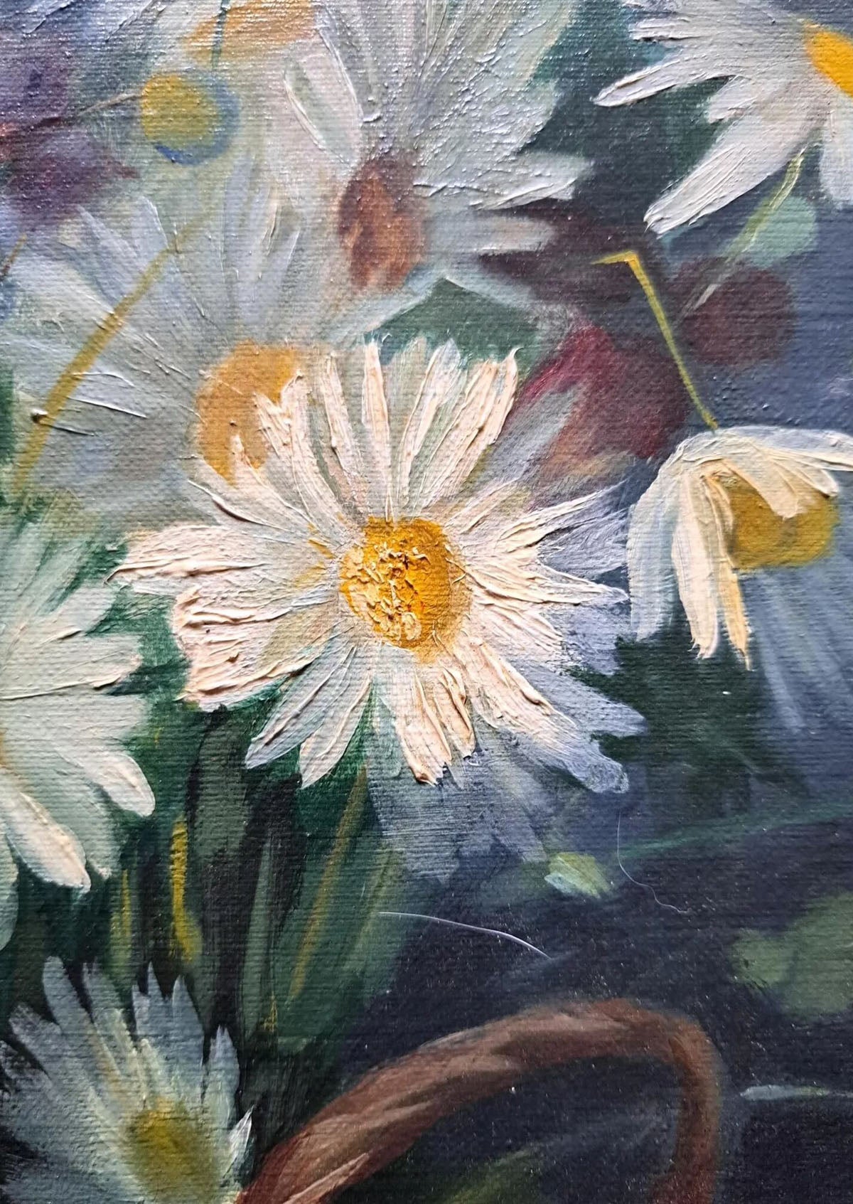 Original Antique Daisies Flower Basket Oil Painting | 26.4" x 33"