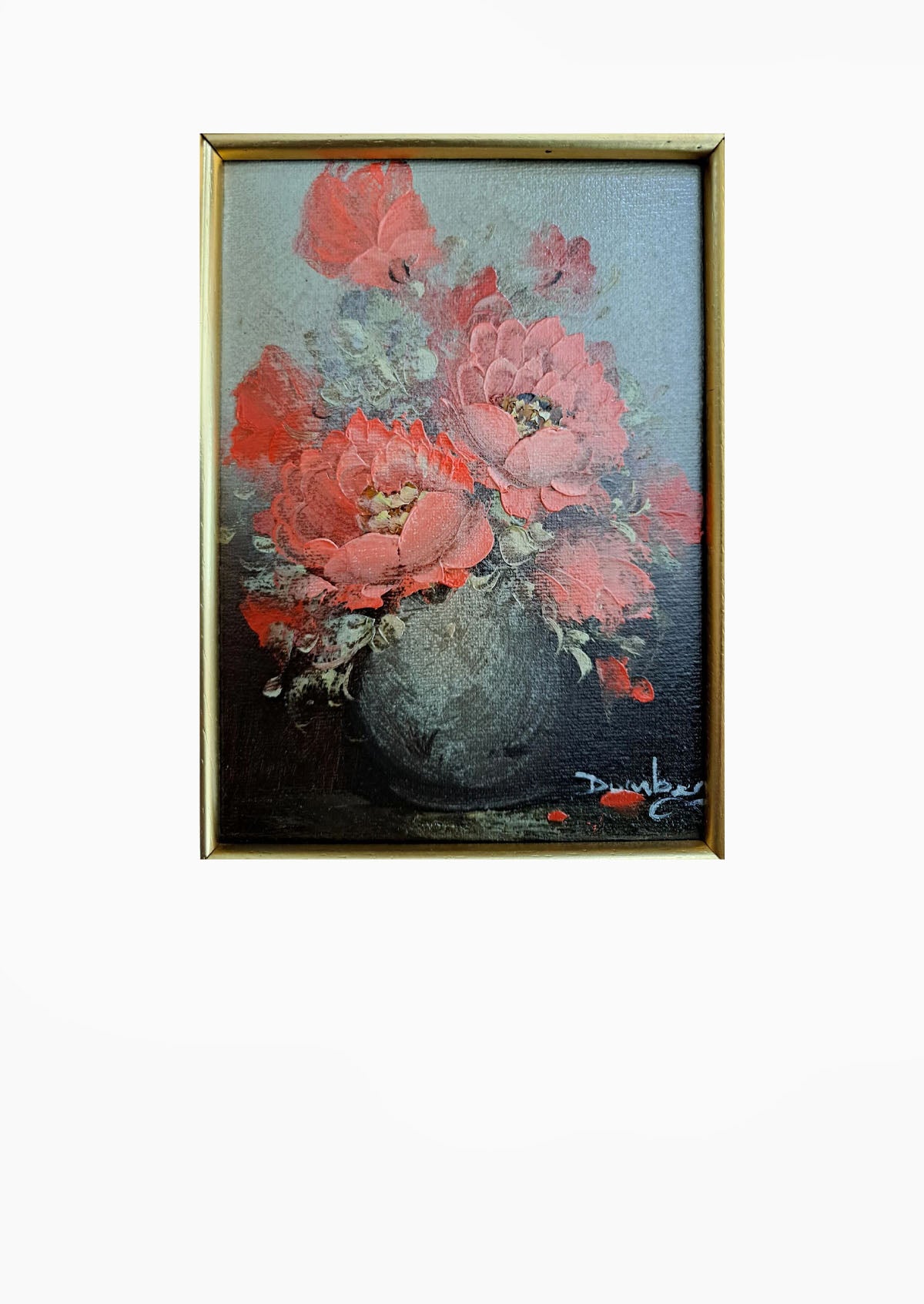 Original Antique Small Red Flower Oil Painting | 8.7" x 10.6"