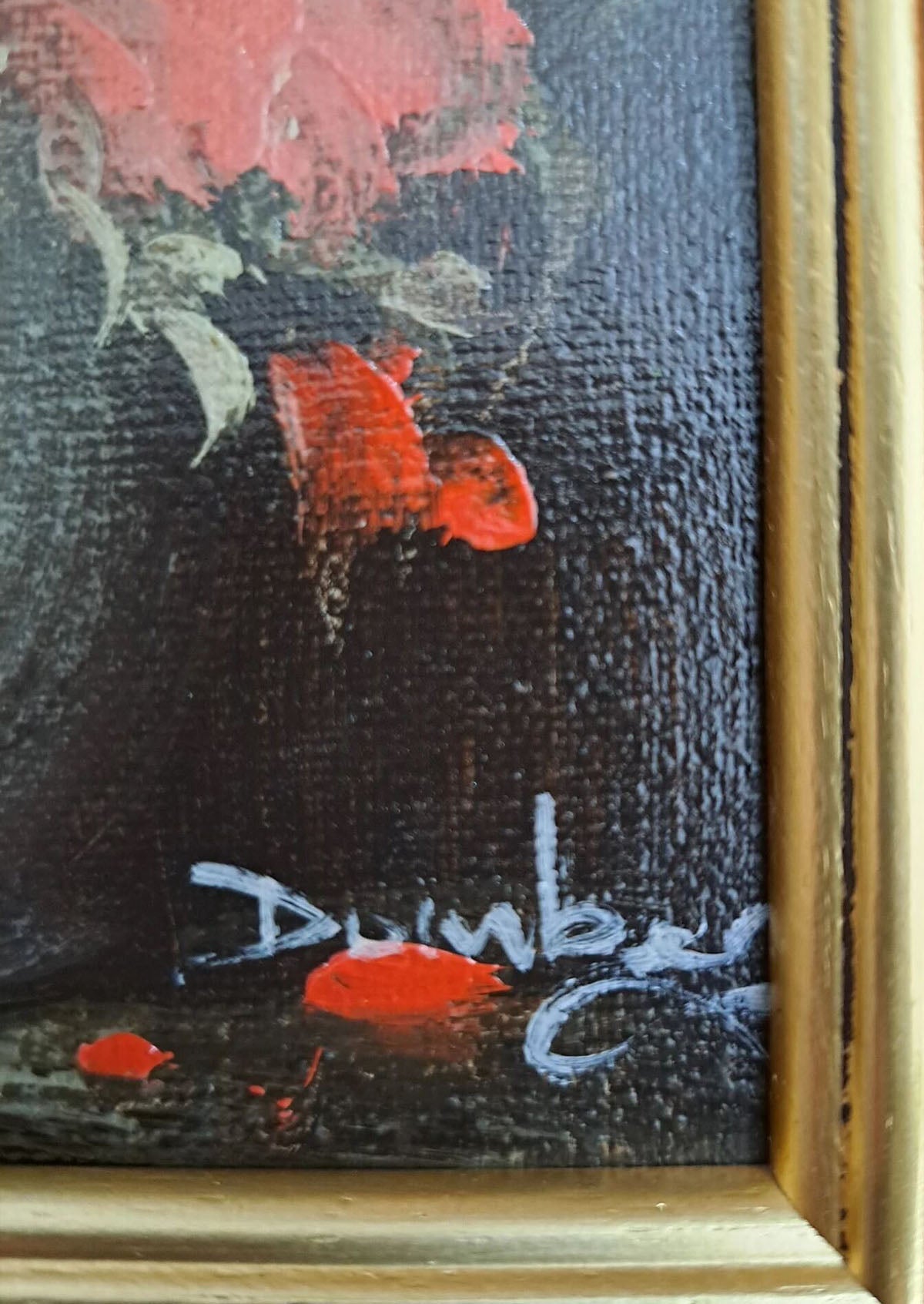 Original Antique Small Red Flower Oil Painting | 8.7" x 10.6"