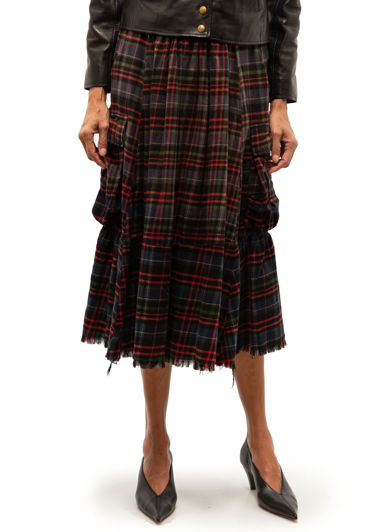 Raw Hem Gathered Cargo Skirt | Navy Green Plaid