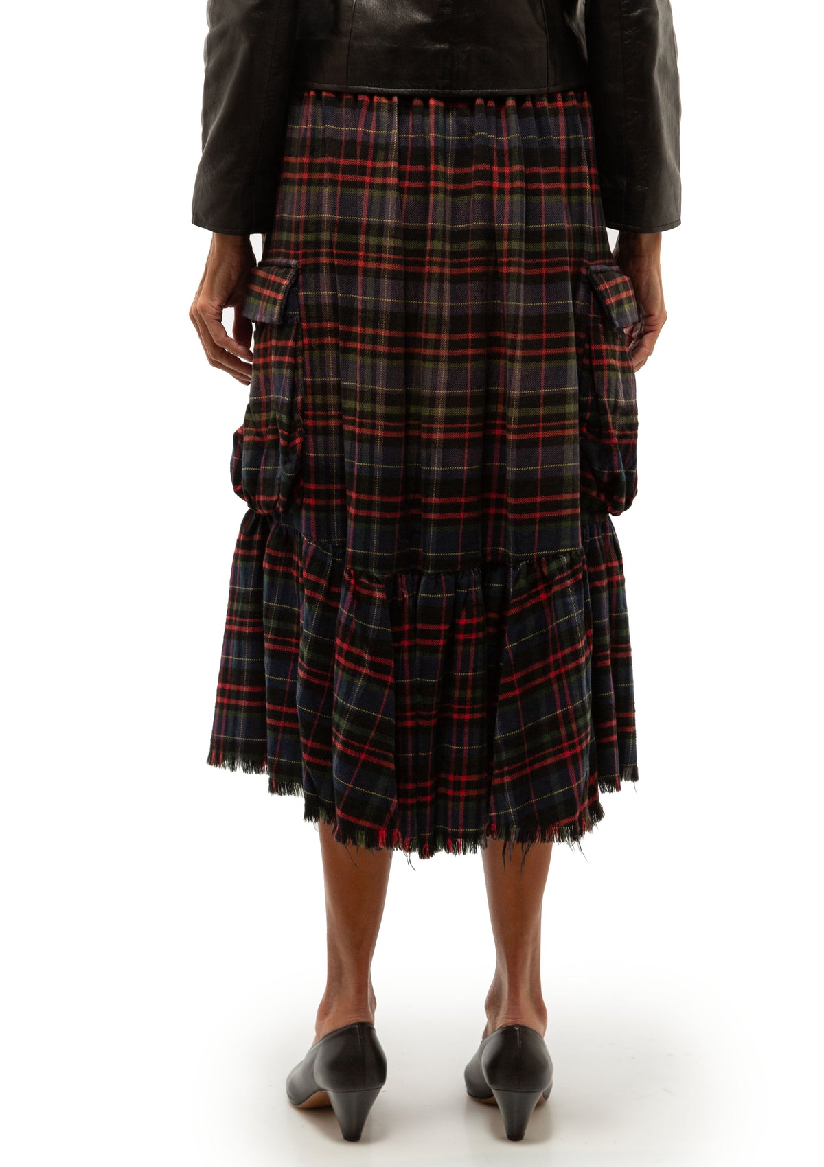 Raw Hem Gathered Cargo Skirt | Navy Green Plaid
