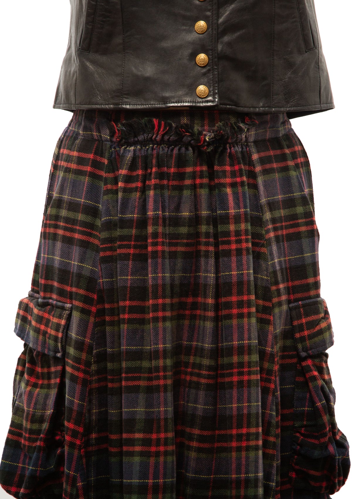 Raw Hem Gathered Cargo Skirt | Navy Green Plaid