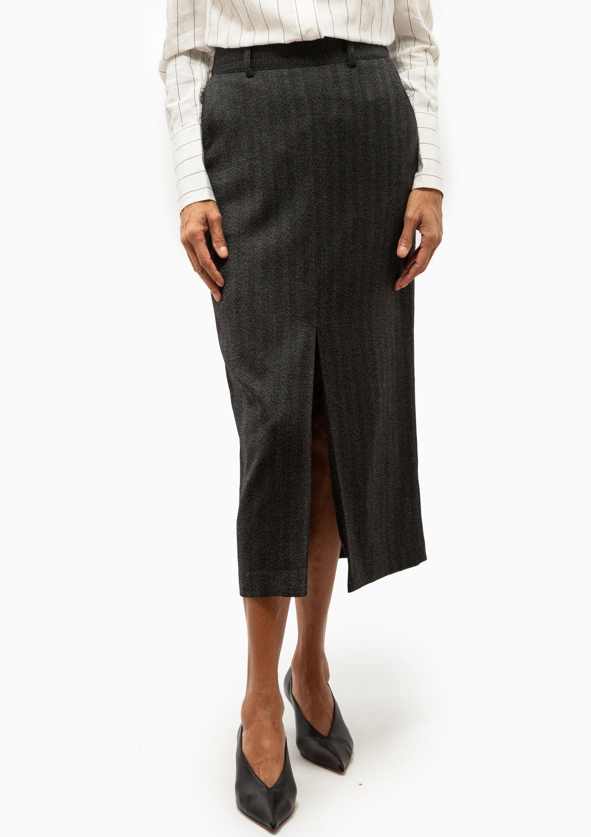 Front Slit Trouser Skirt | Slate Herringbone