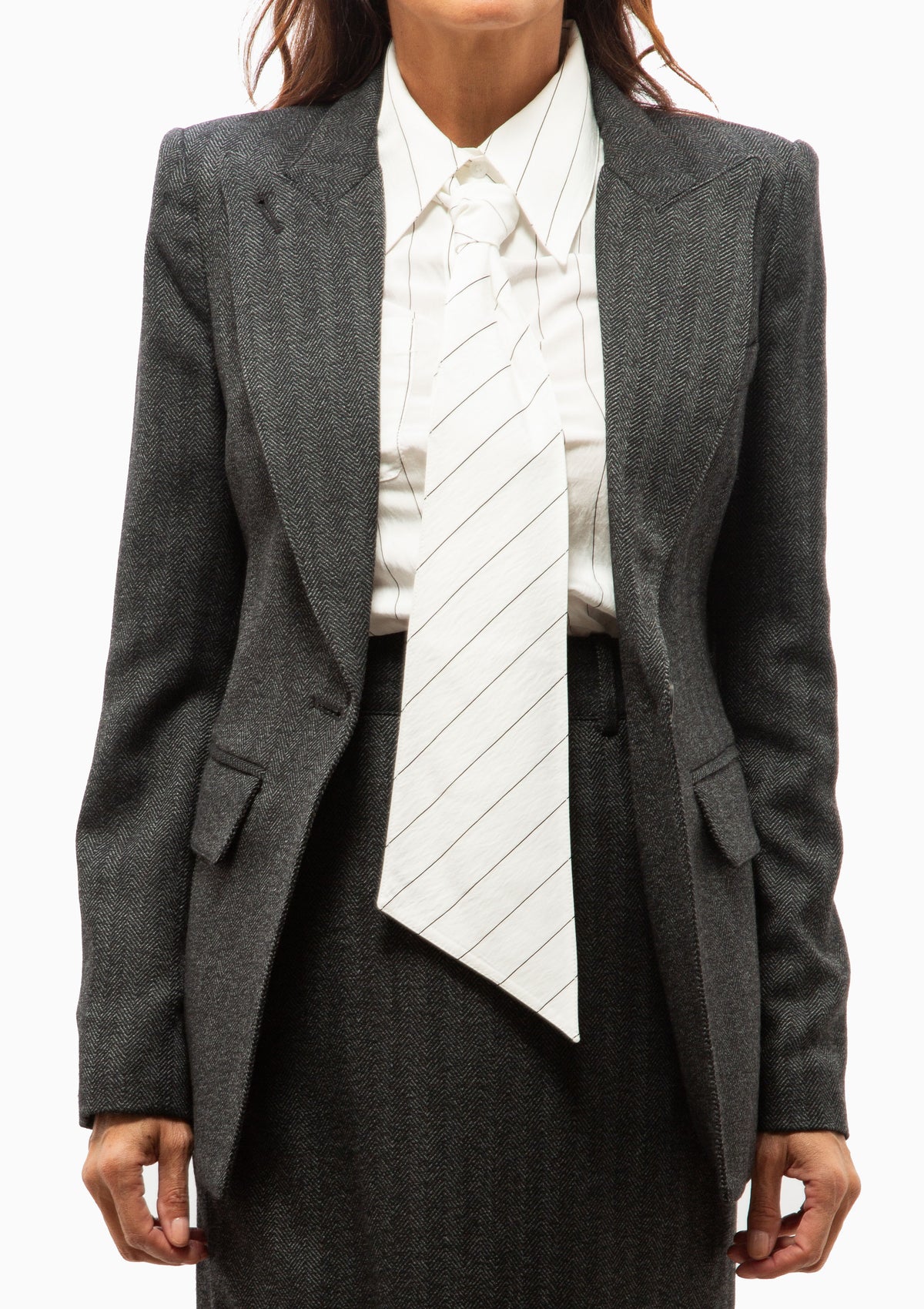 Longline Peaked Lapel Blazer | Slate Herringbone