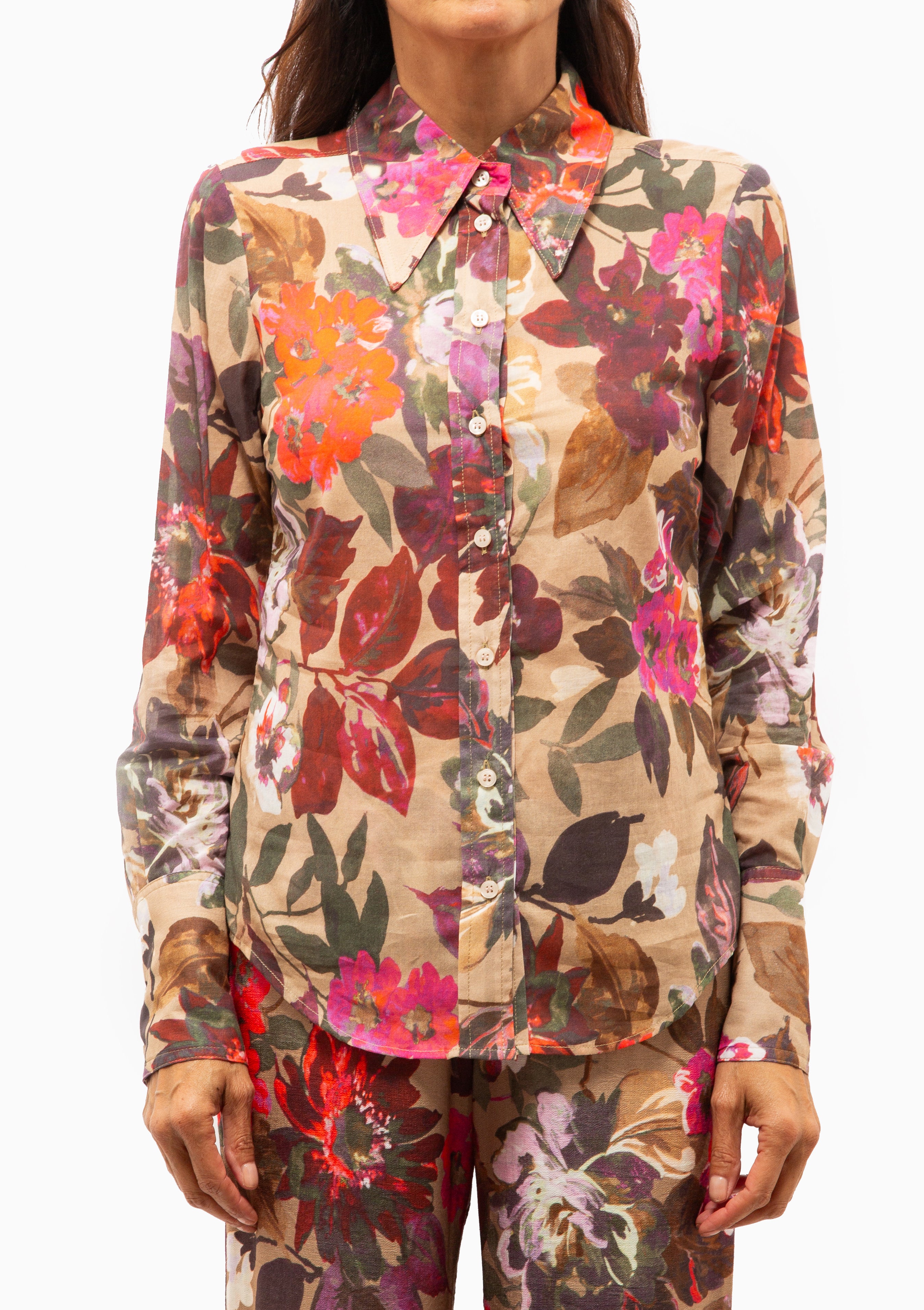 Point Collar Shirt | Tan Floral