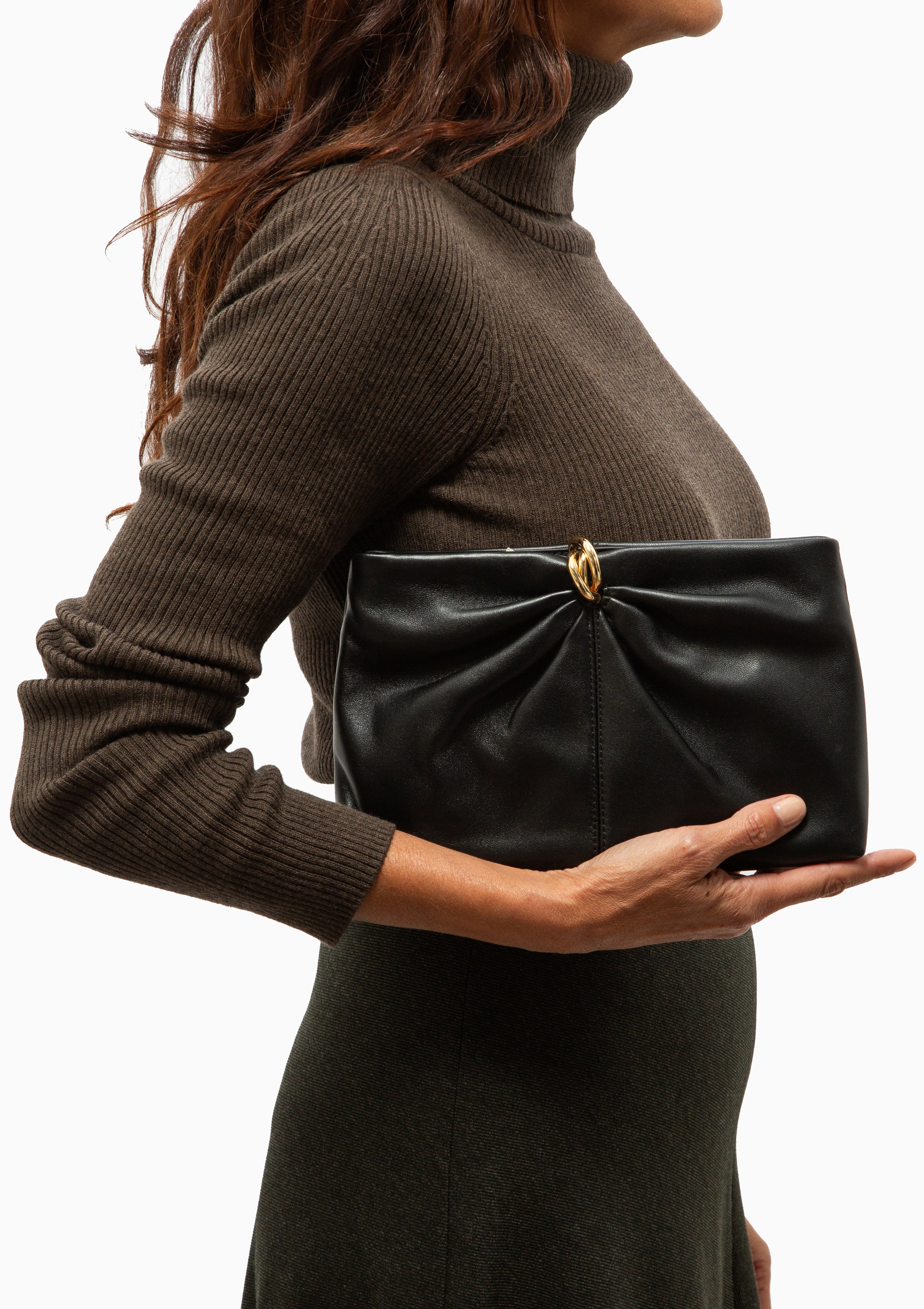 Corrine Leather Gathered Clutch | Black