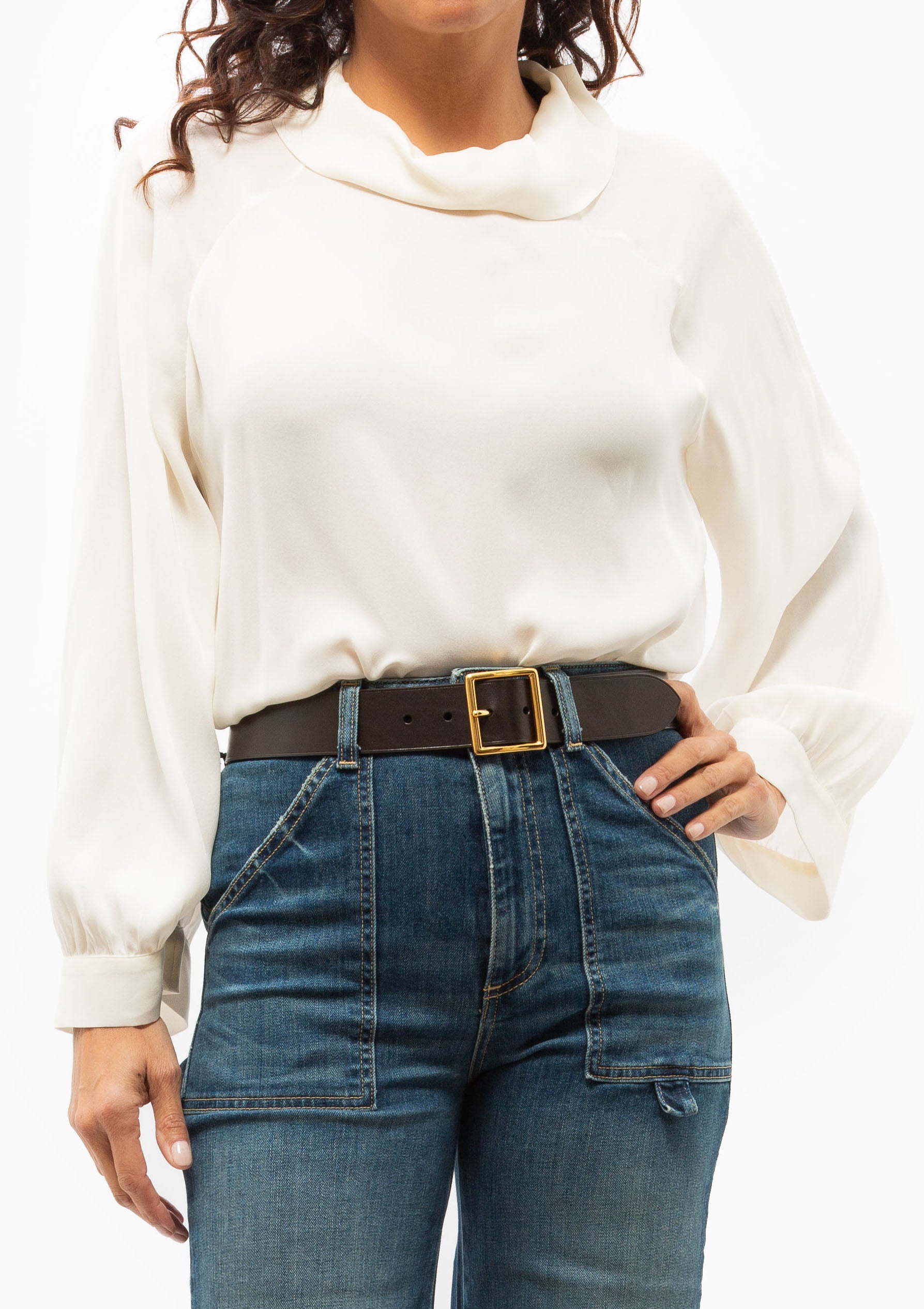 Nili Lotan Eliana Top in Ivory. Shown with the Quentin Jean in Classic Wash. Available at Diani.
