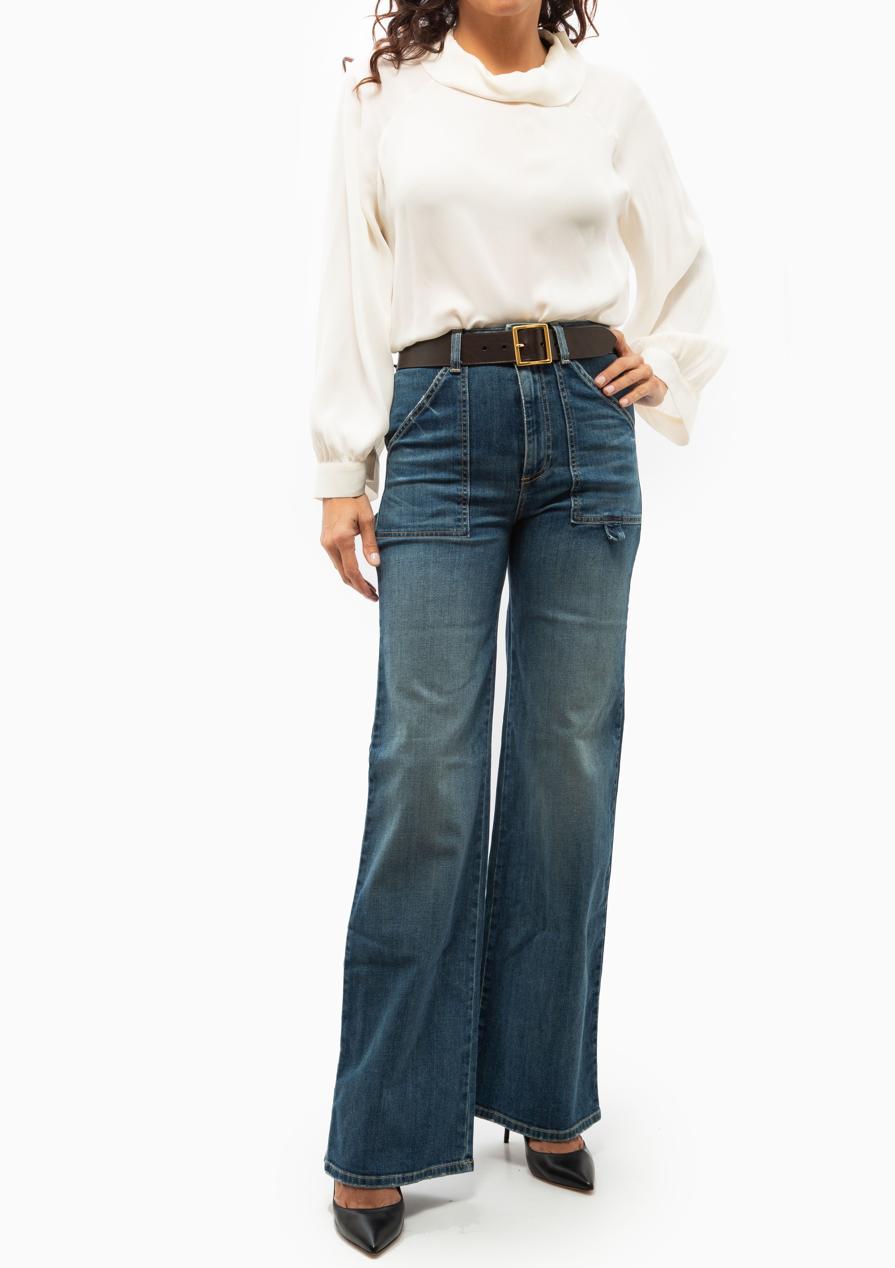 Nili Lotan Eliana Top in Ivory. Shown with the Quentin Jean in Classic Wash. Available at Diani.