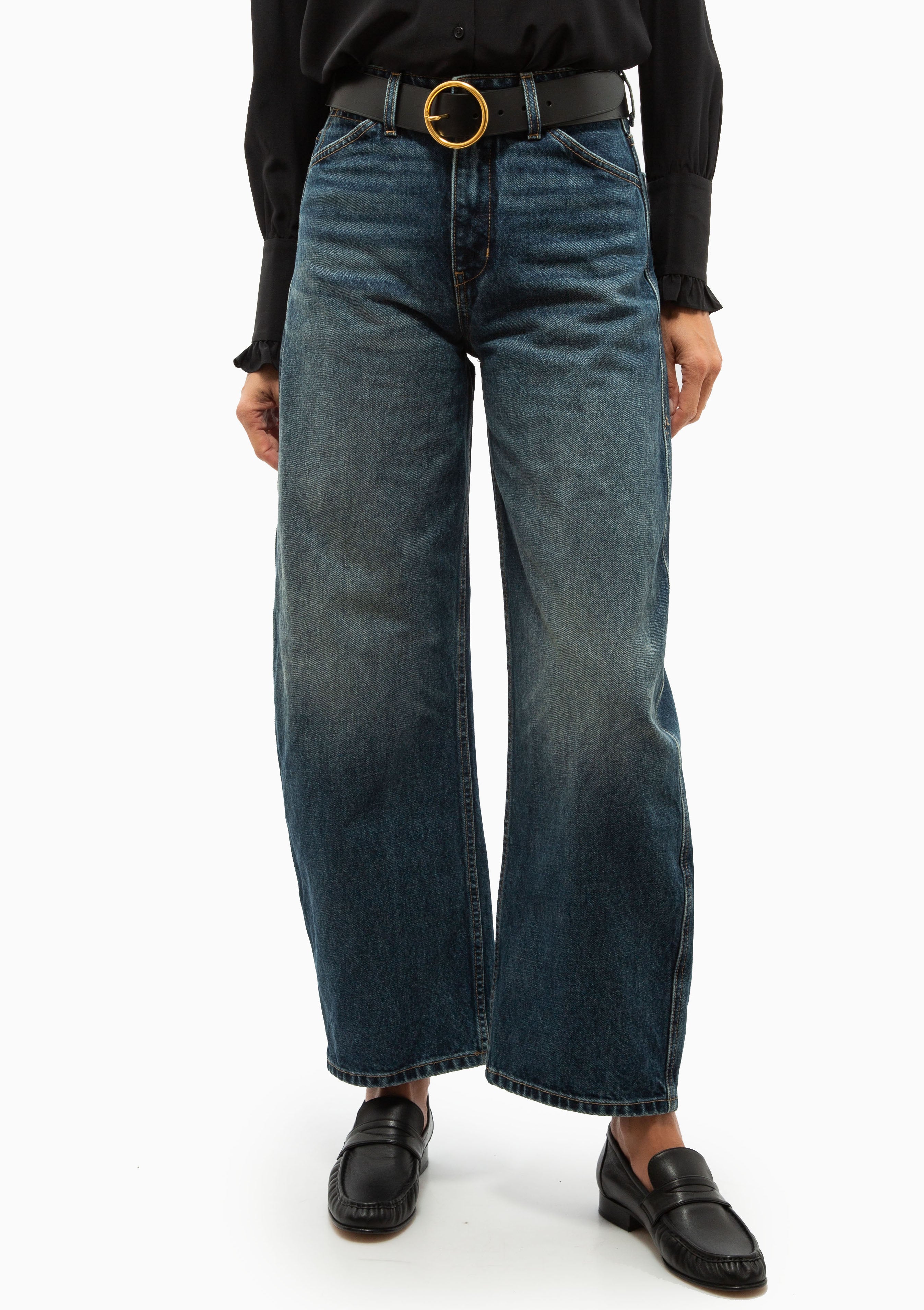 Nili Lotan Otis Jean in Simon Wash. Shown with the Mansur Gavriel Ruched Loafer in black. Available at Diani.