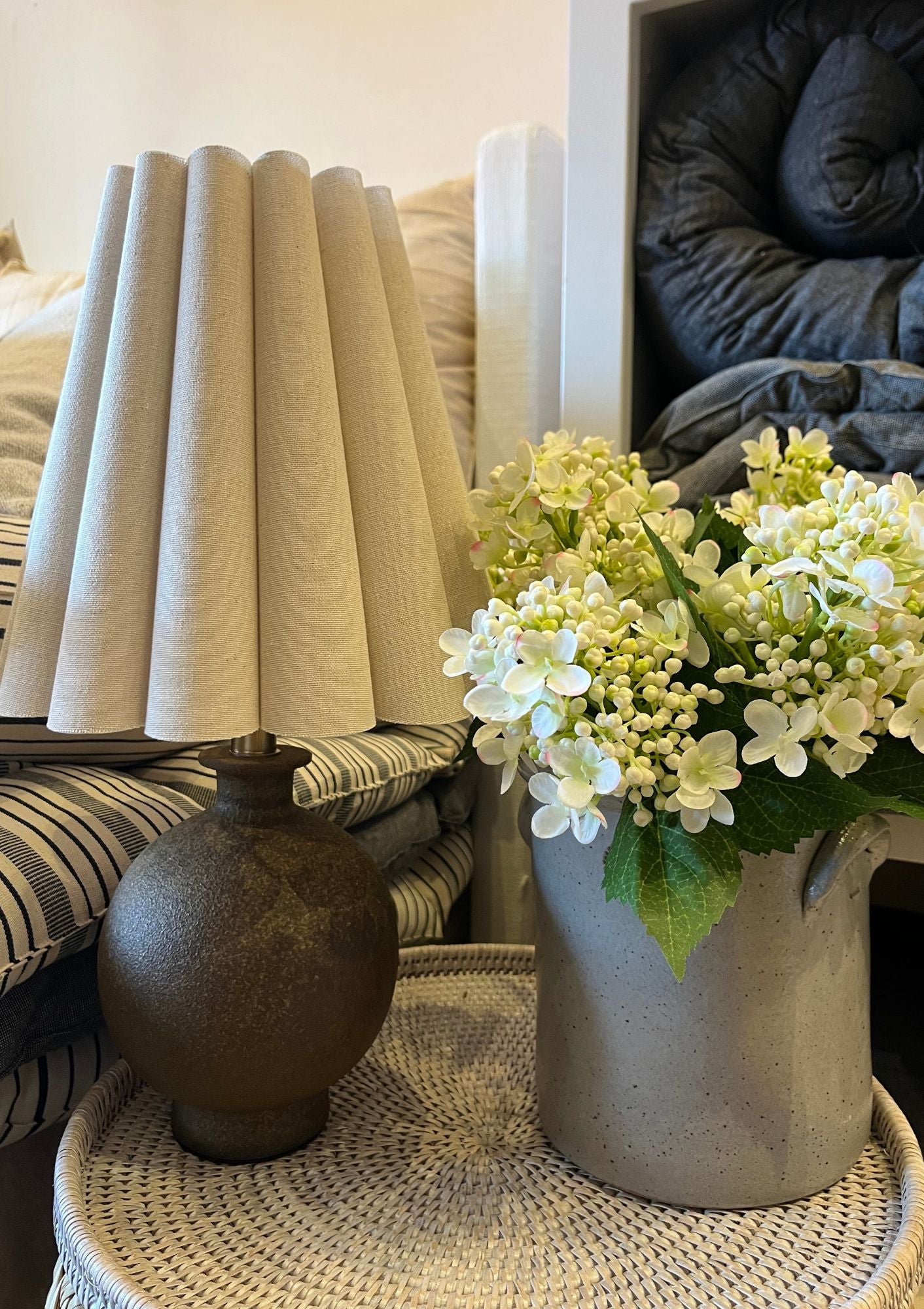 Handmade Duzy Lampshade & Ceramic Base | Light Burlap/Copper