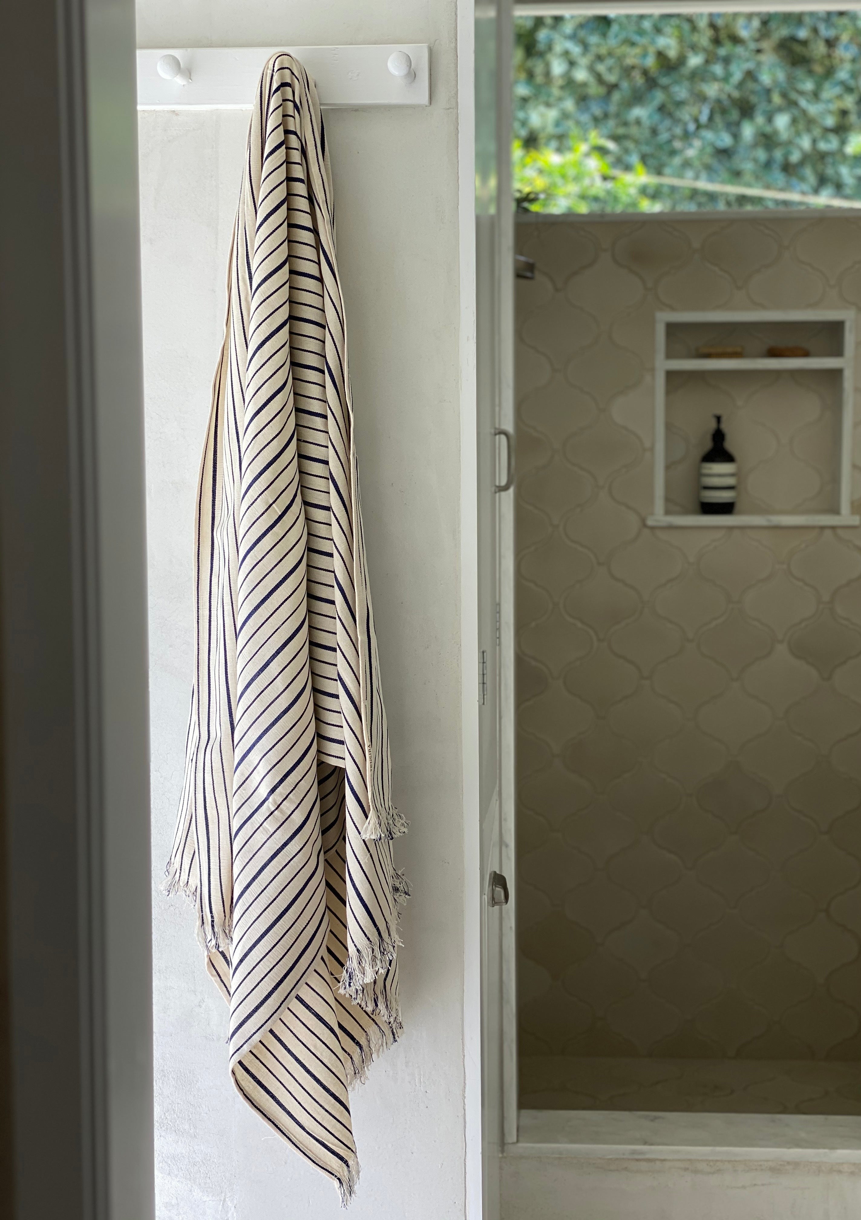 Fringed Throw With Pouch | Natural/Navy Triple Stripe, 40x71