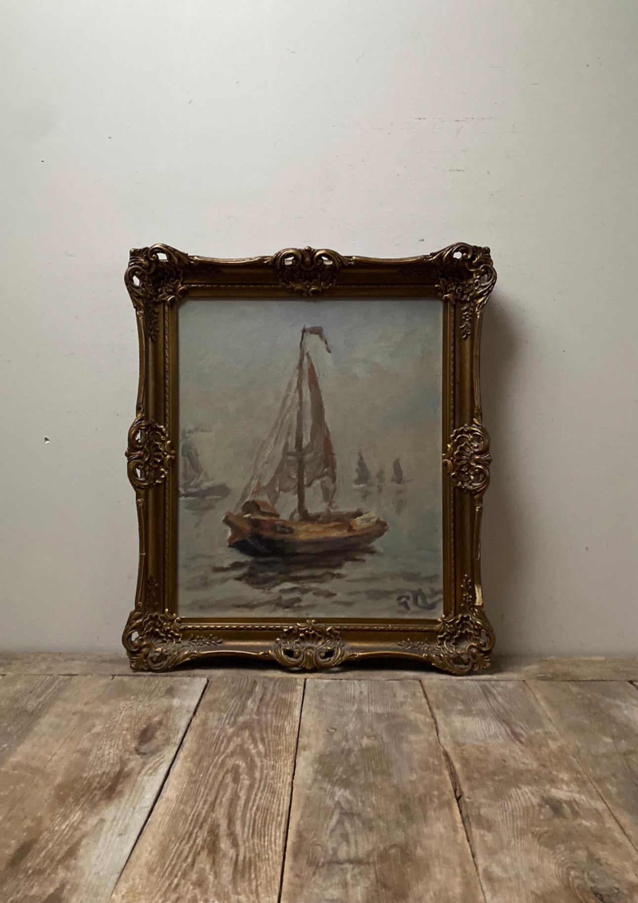 Original Antique Dutch Sailboat Oil Painting | 18" x 21"