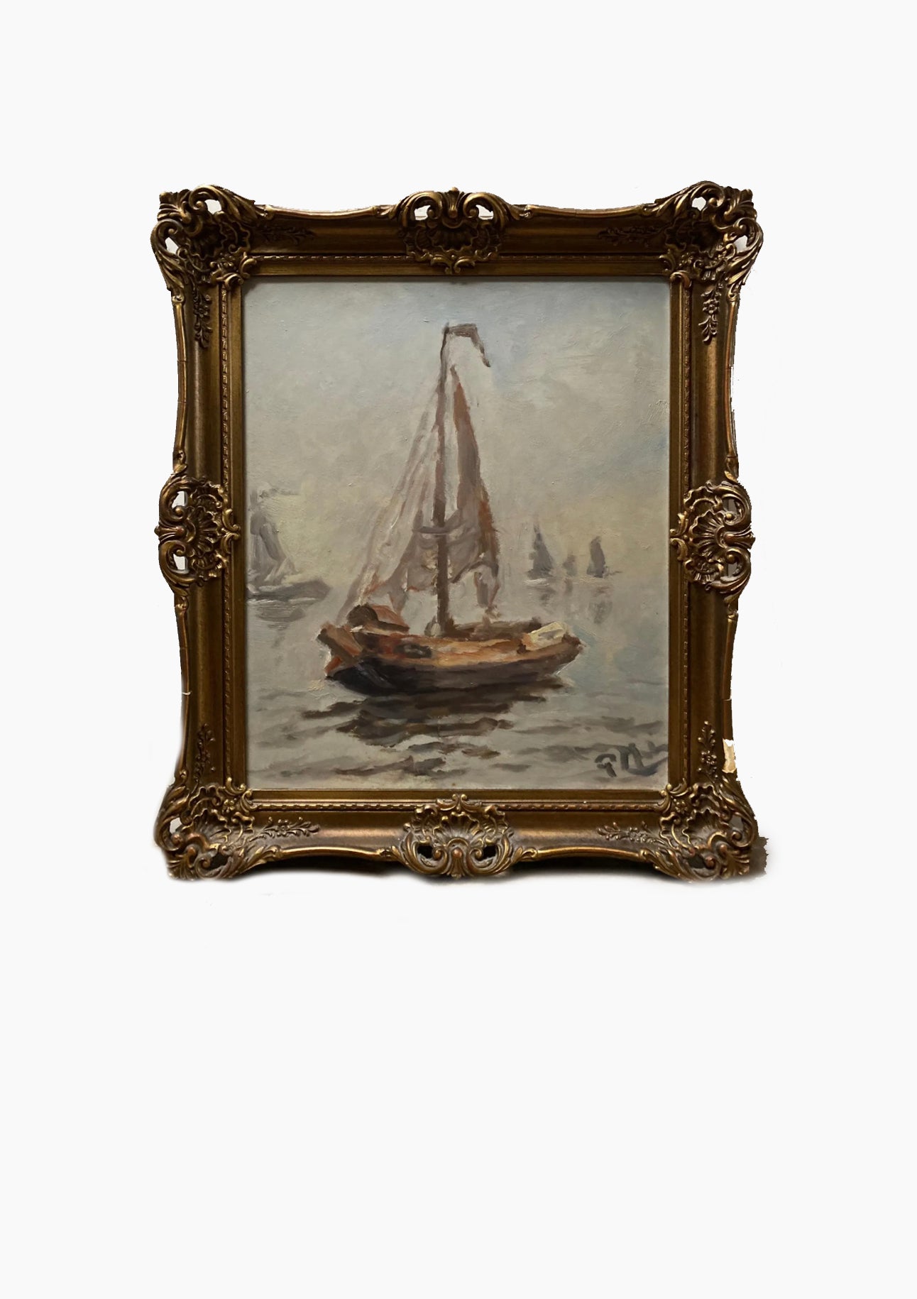 Original Antique Dutch Sailboat Oil Painting | 18" x 21"