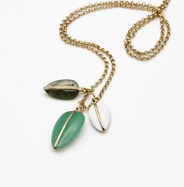 14K Small Diamond Pebble Pendant | Moss Agate