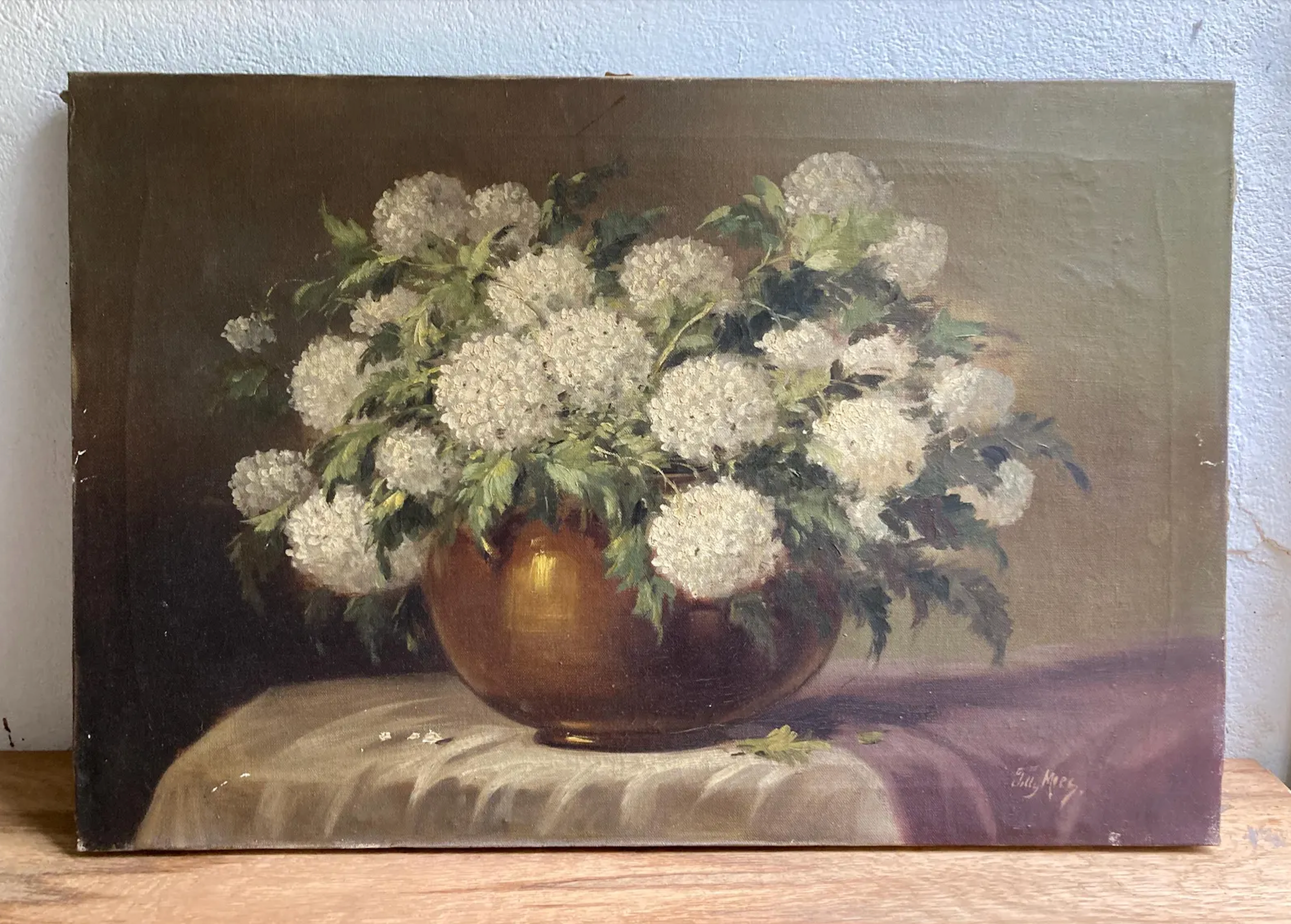 Original Antique Dutch "Snowball" Flower Oil Painting | 15.5" x 23.5"