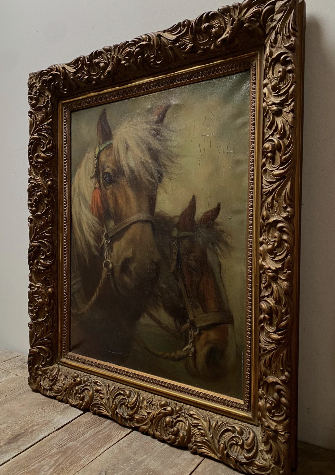 Original Antique Dutch Working Horses Portrait Oil Painting