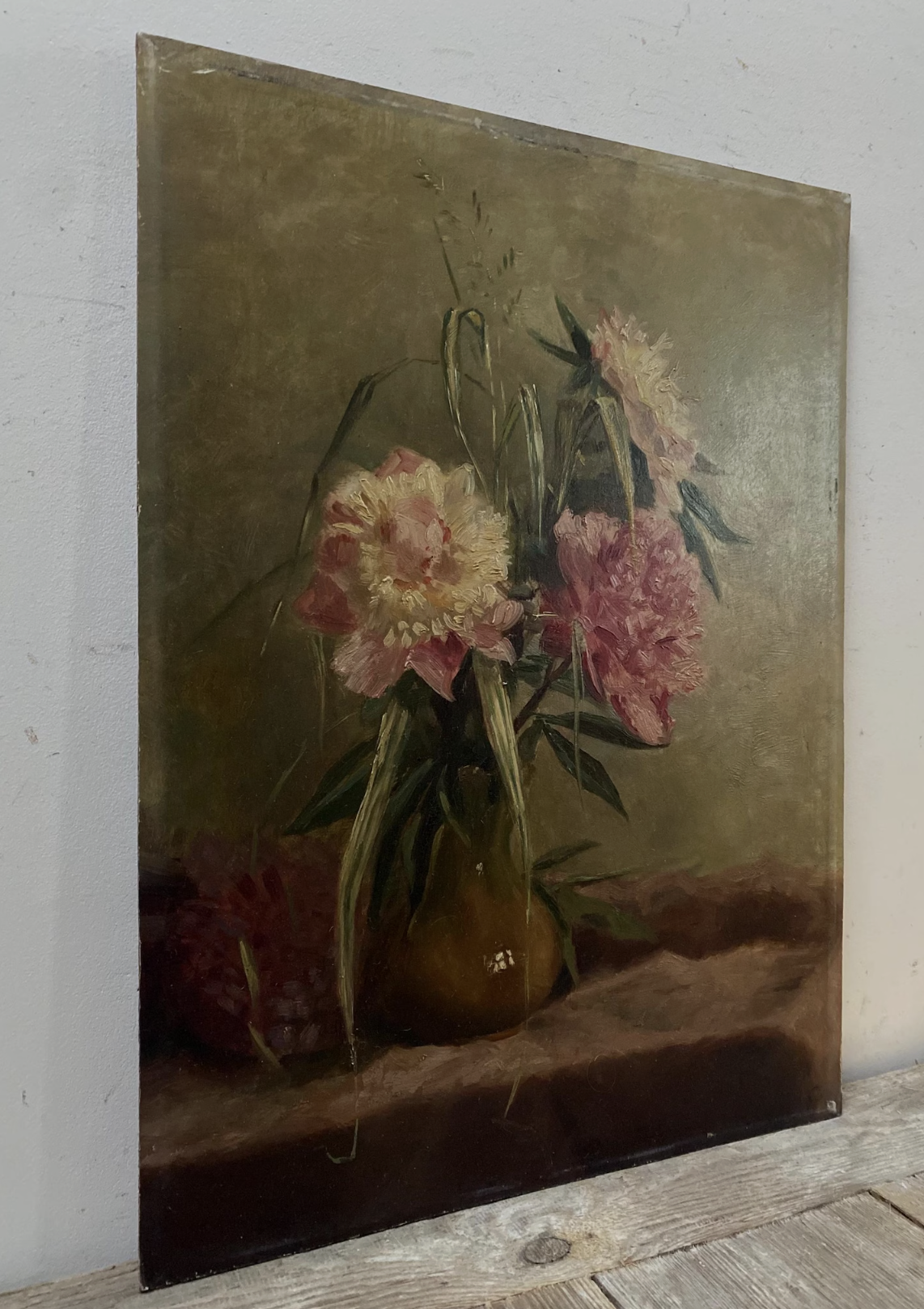 Original Antique Dutch Pink Rhododendrons Oil Painting