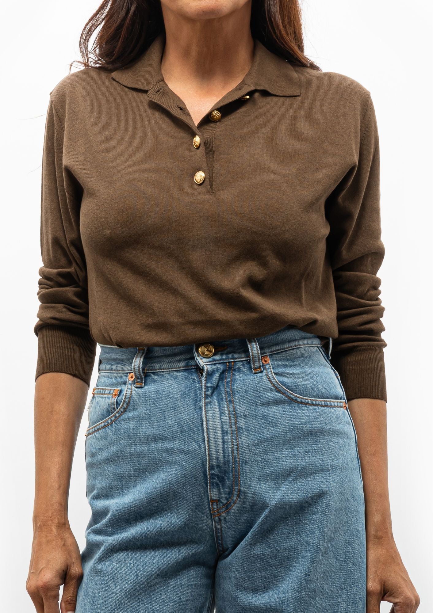 Blazé Milano Kotik Polo Sweater in coffee, shown with the Blazé Milano Java Jean - Available at Diani Boutique.