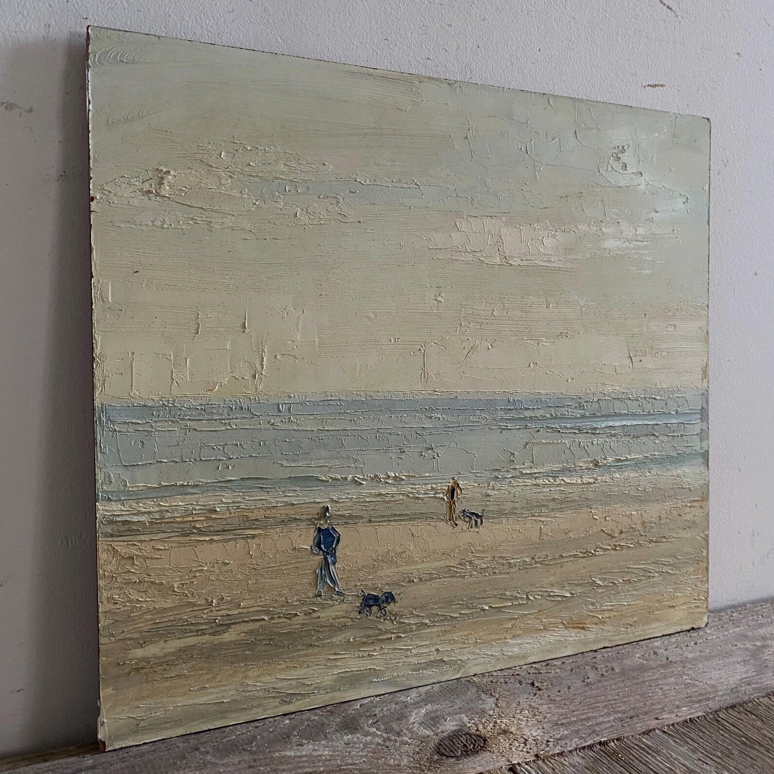 Original Vintage Dutch Dogs On Beach Oil Painting | 11.75" x 10.25"