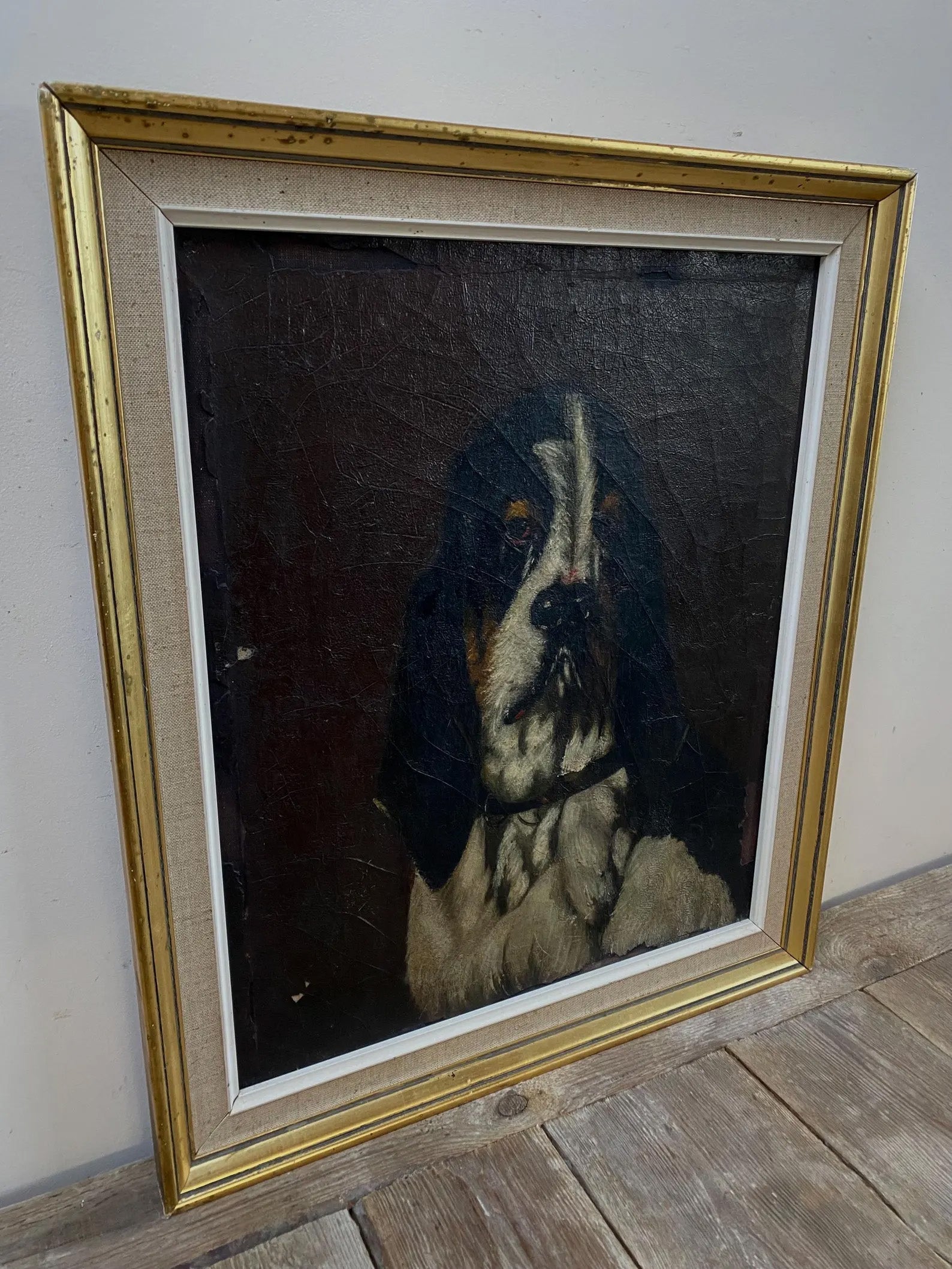 Original Antique Dutch Basset Hound Oil Painting Framed | 18" x 21"