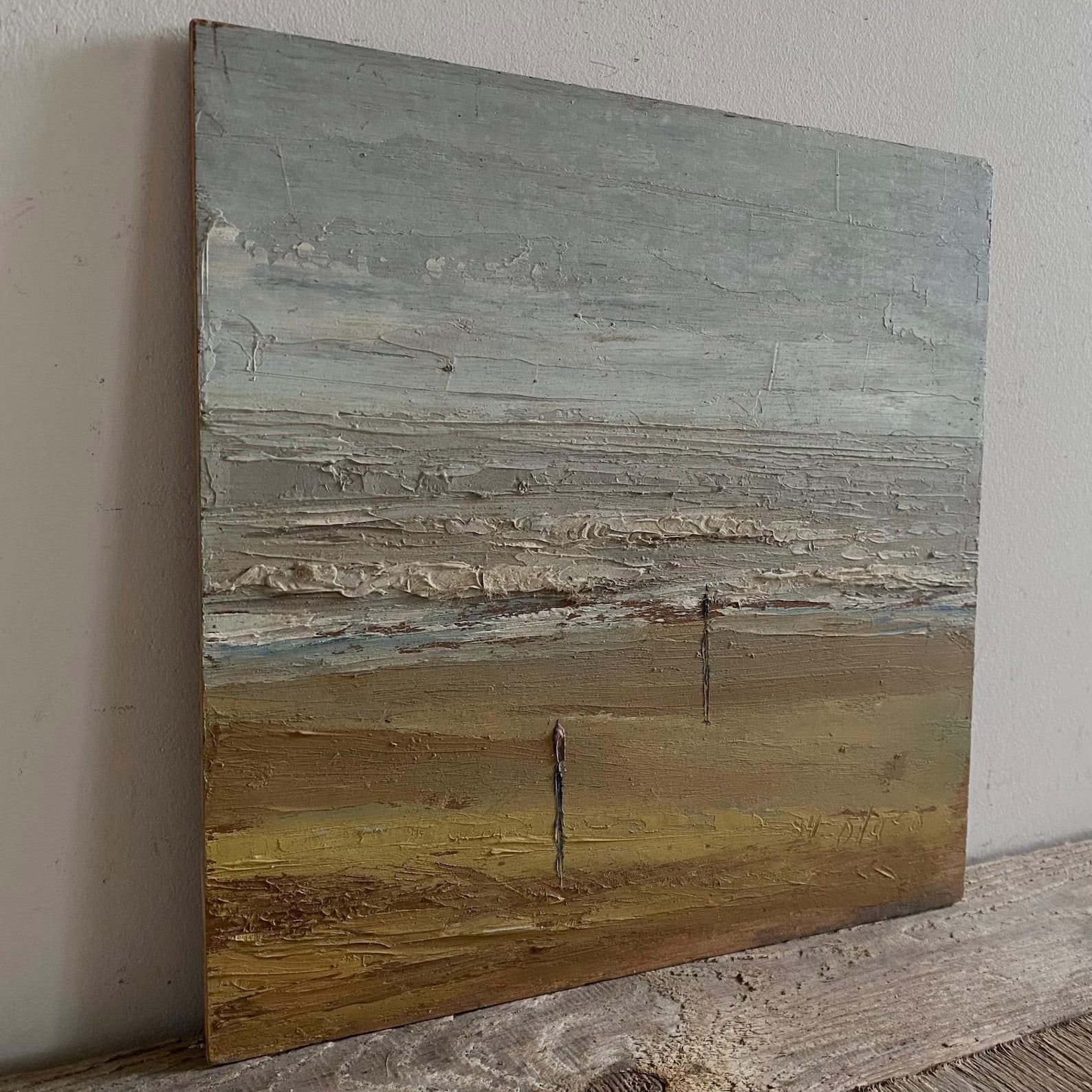 Original Vintage Dutch Beach Walk Oil Painting | 9" x 9"