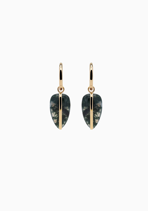 14K Pebble Earrings | Moss Agate
