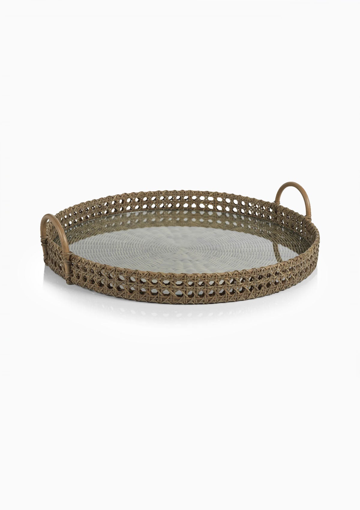 Mayfair Rattan Open Weave Round Tray With Clear Glass