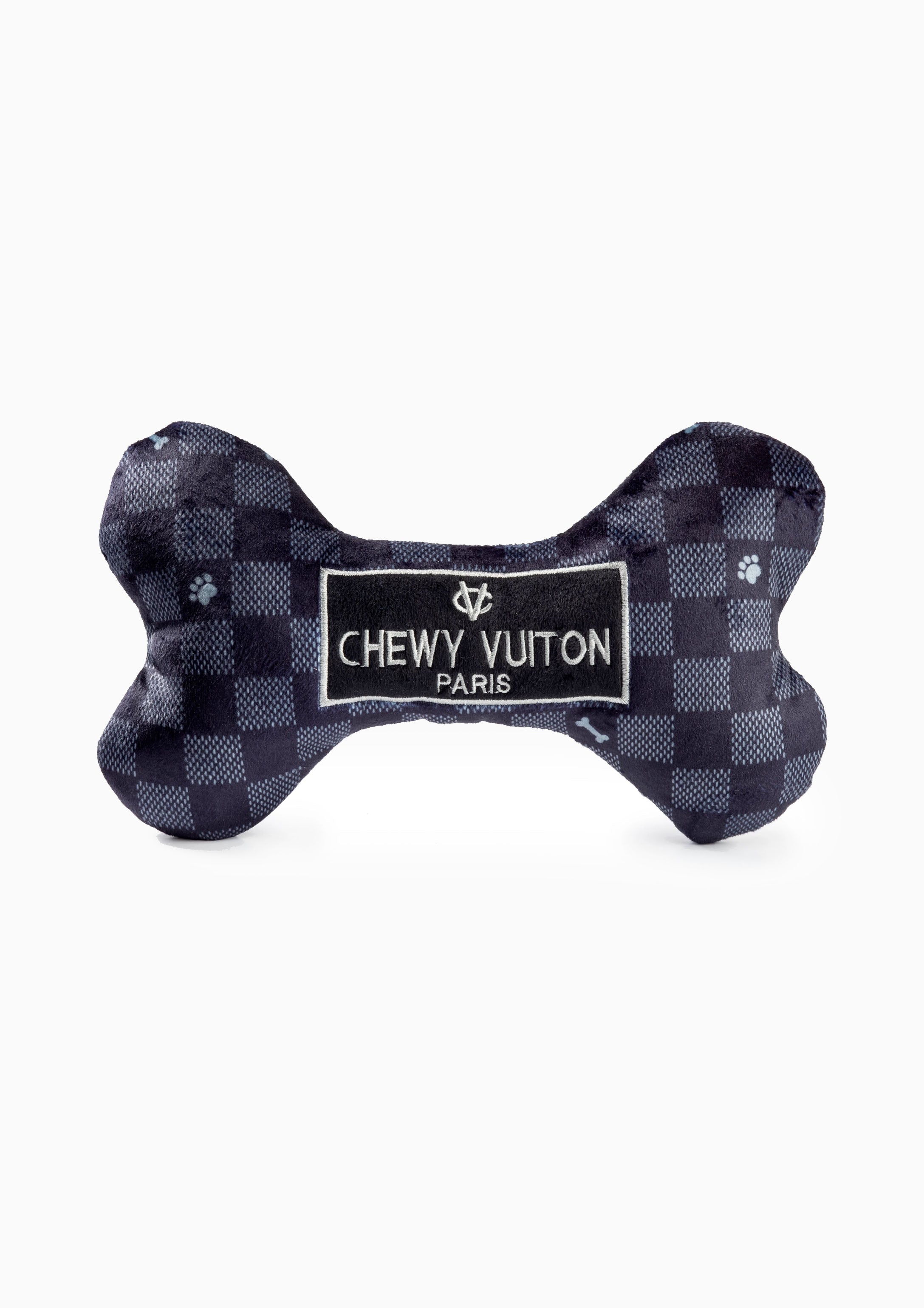 Black Checker Chewy Vuiton Bone Squeaker Dog Toy | Large