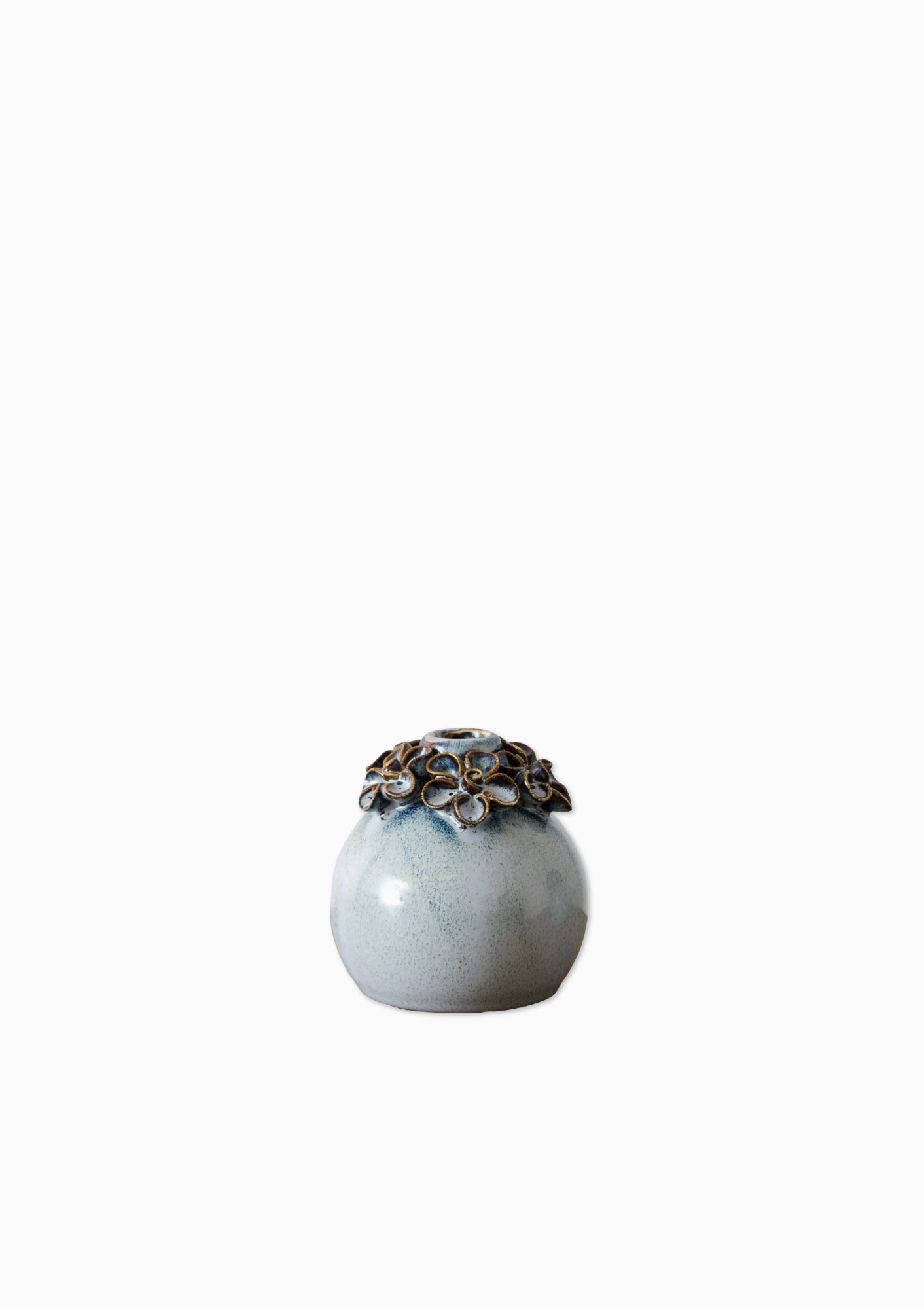 Blue Bud Vase adorned with delicate handcrafted clay flowers and subtle gold accents; a whimsical yet elegant decorative piece perfect for displaying small floral arrangements, available at Diani.