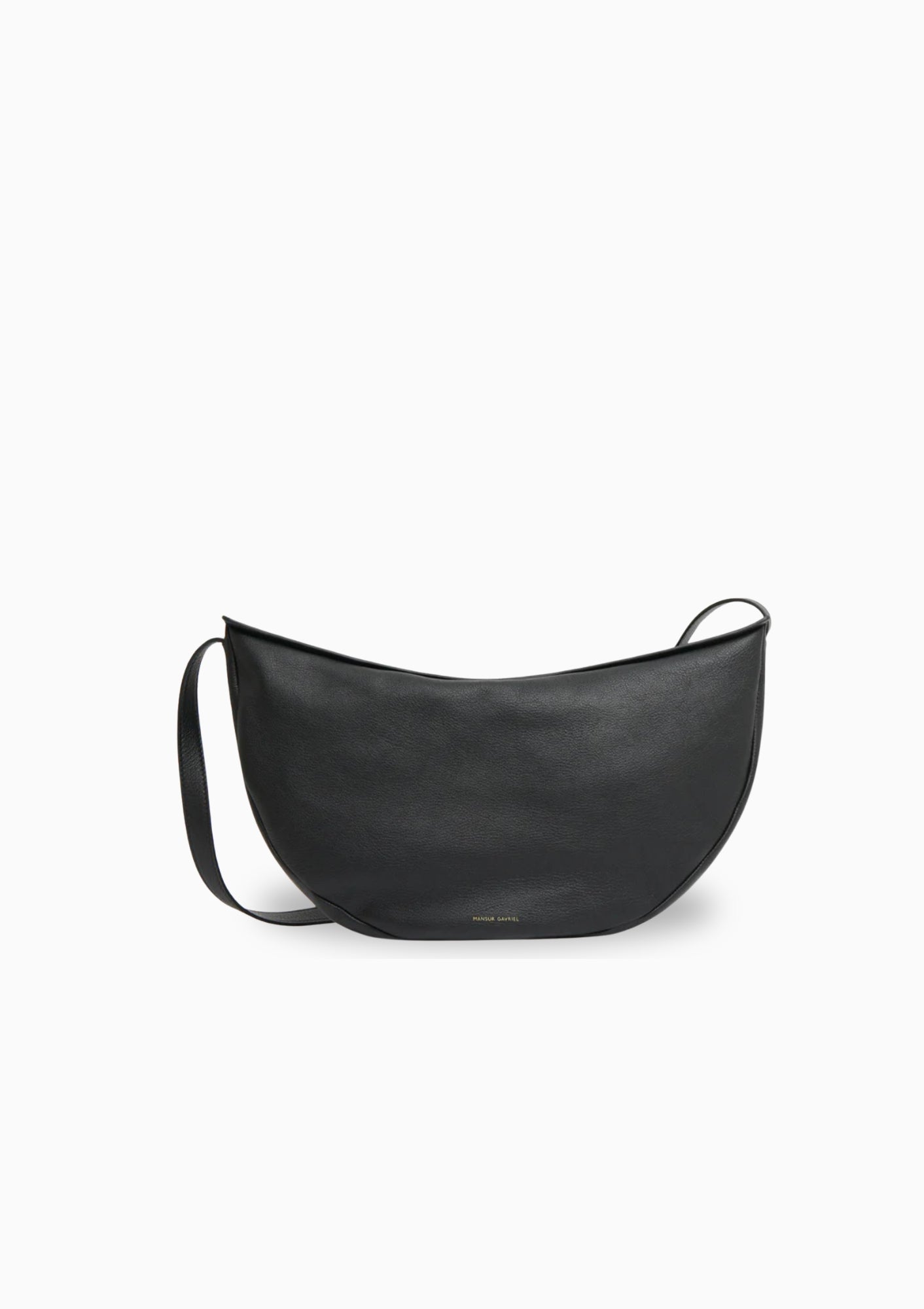 Black Mansur Gavriel Large Moon Sling Bag with a sleek, crescent-shaped silhouette, adjustable shoulder strap, and smooth leather finish; a modern, minimalist accessory available at Diani.