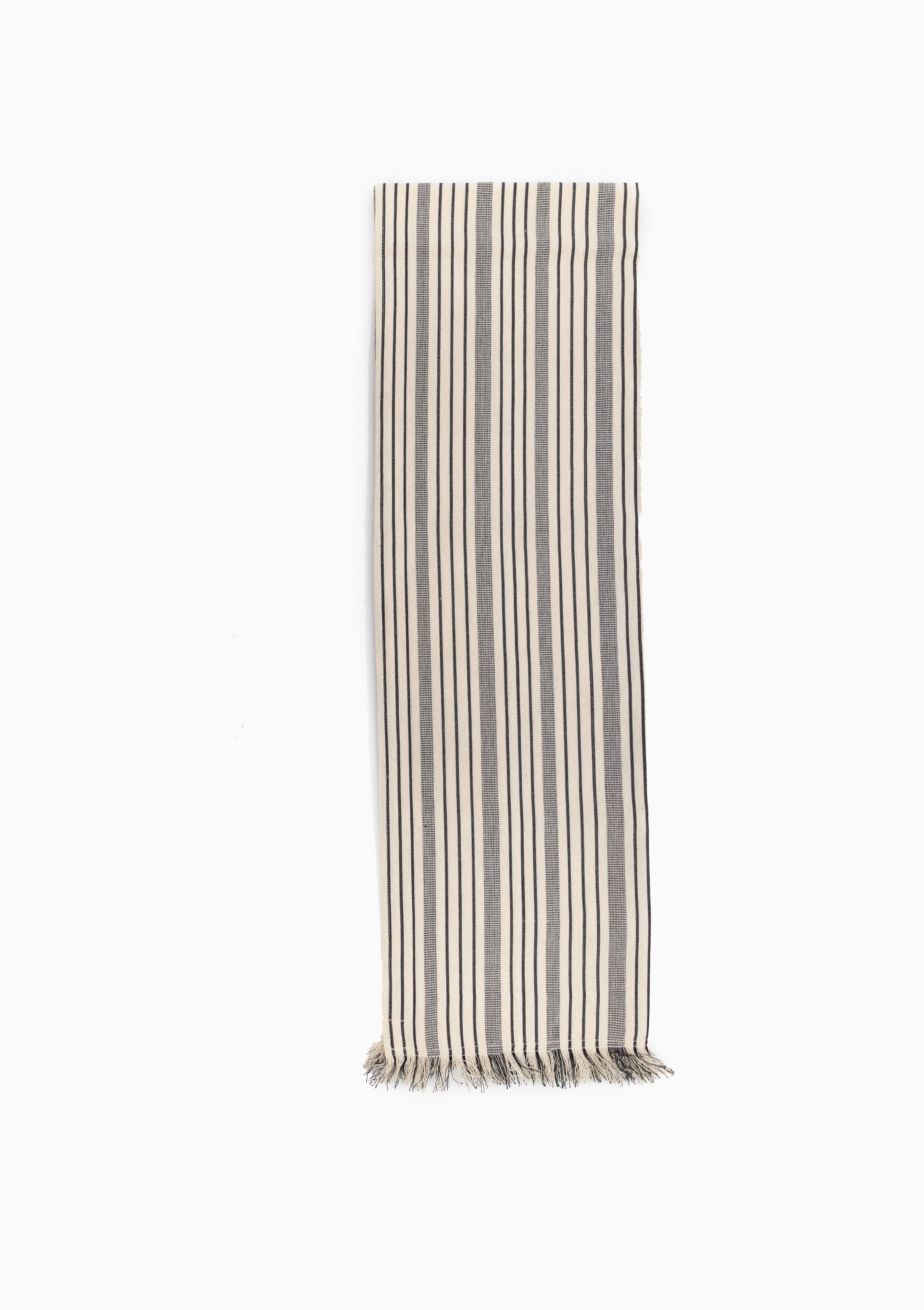Table Runner With Fringes, Natural/Navy Quad Stripe | 18" x 120"