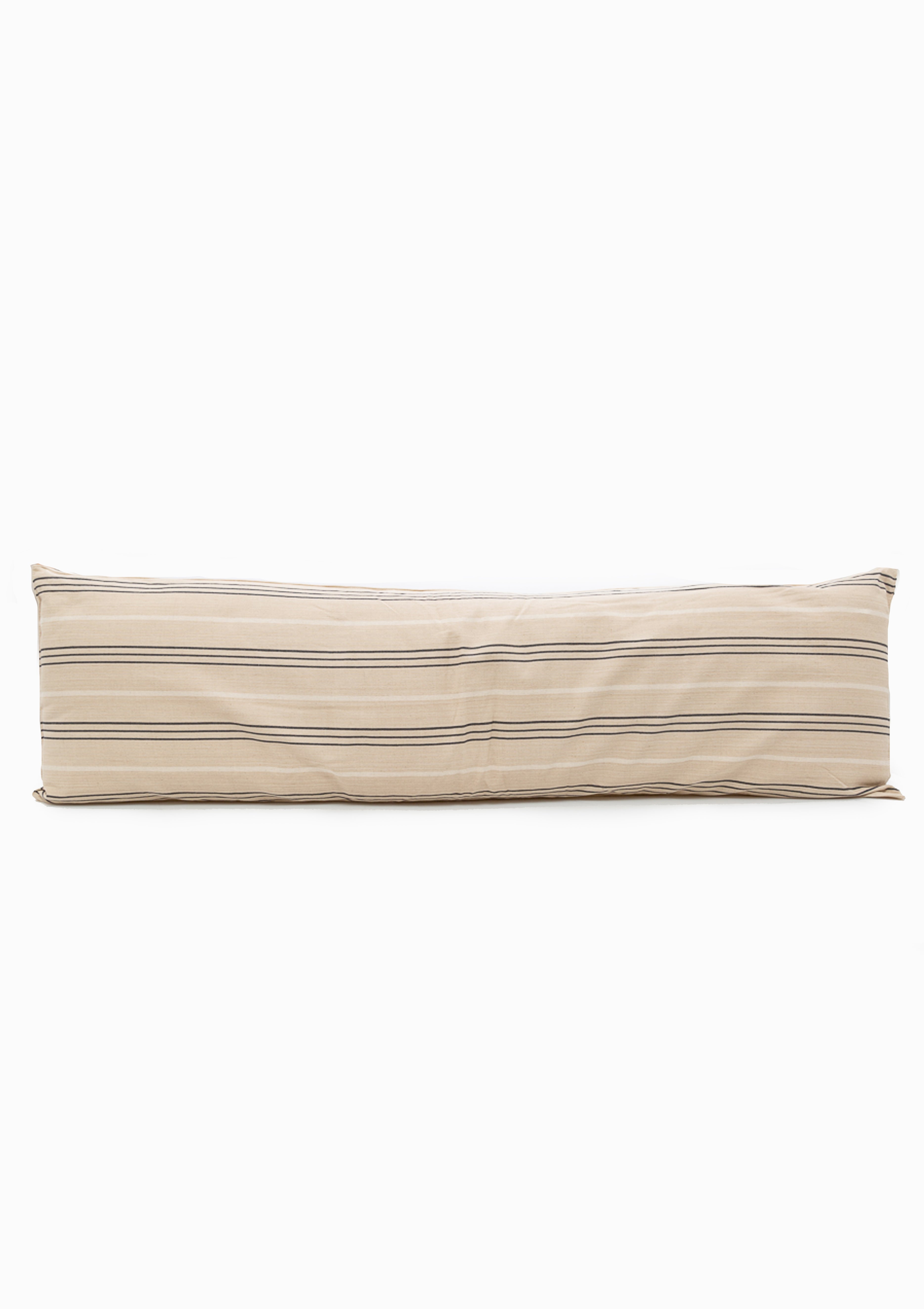 Long bolster pillow featuring a hand-dyed striped pattern, made from artisan-crafted cotton in a 14" x 48" size. May be used indoors or outdoors and available exclusively at Diani Boutique.