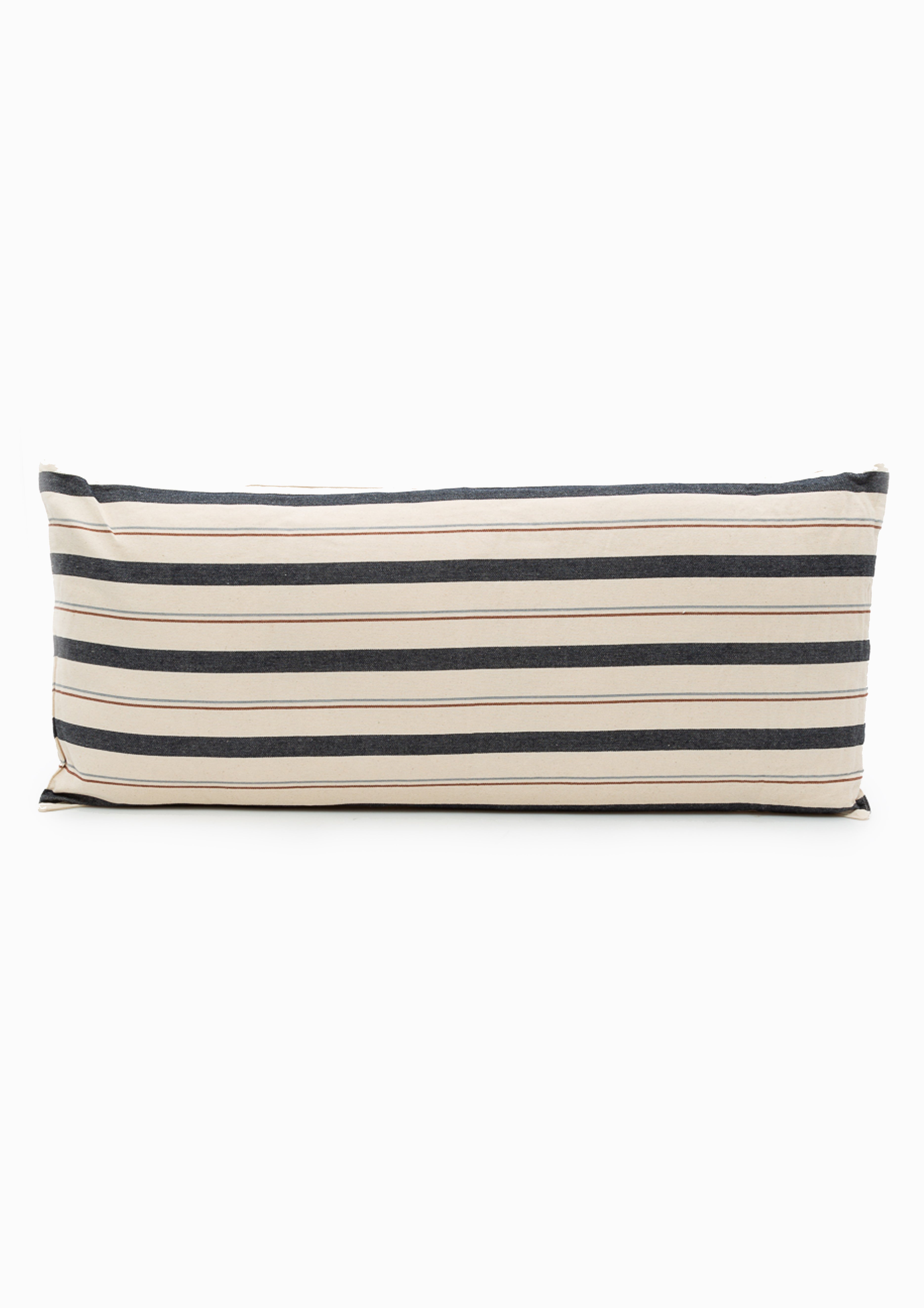 Eco-conscious long cushions in a mix of solid and striped patterns, featuring hand-dyed yarns and artisan-made cotton fabric from Guinea. Available at Diani Boutique.
