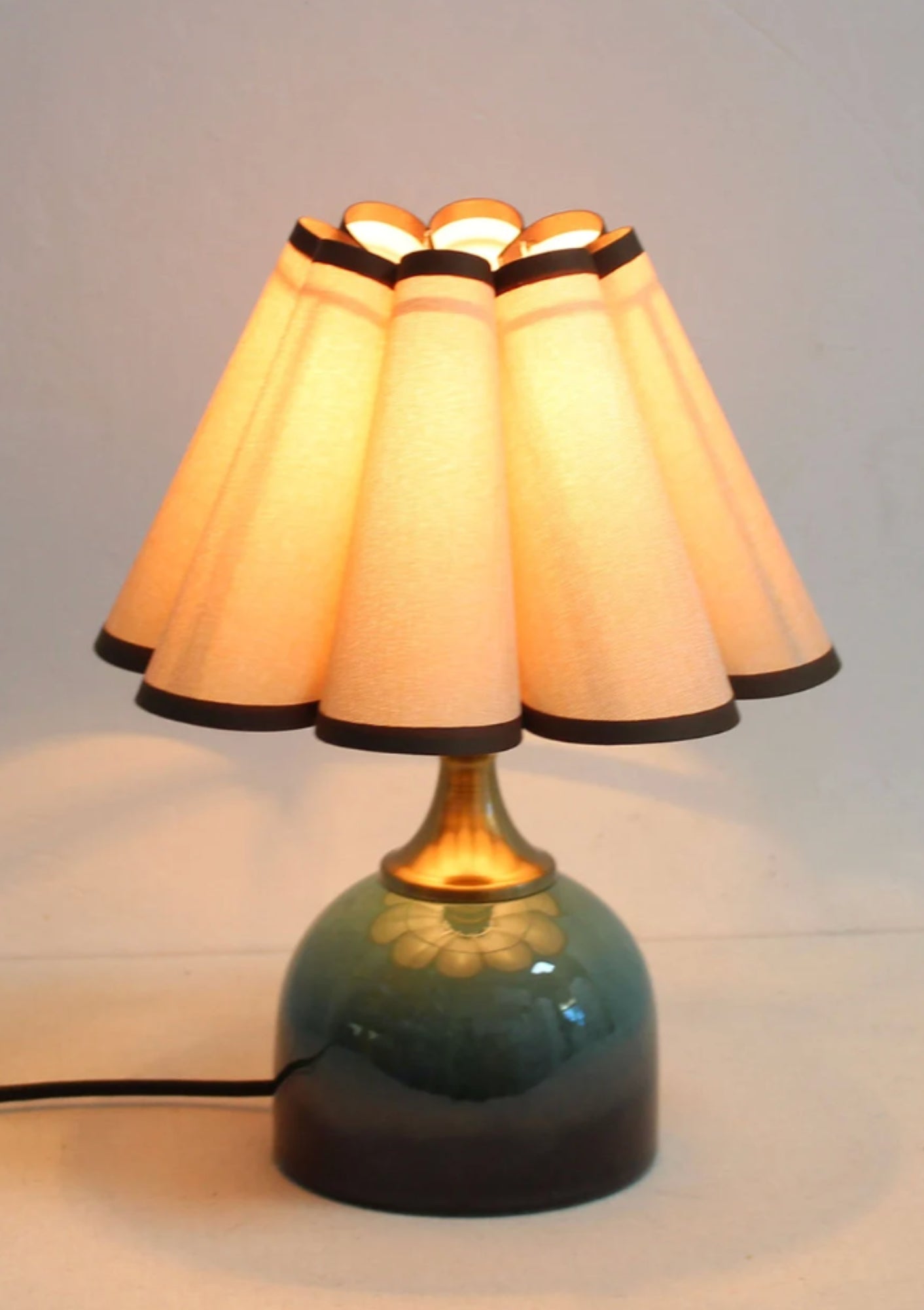Handmade Duzy Lampshade With Trim & Scallop Shape Ceramic Base | Khaki/Dark Green