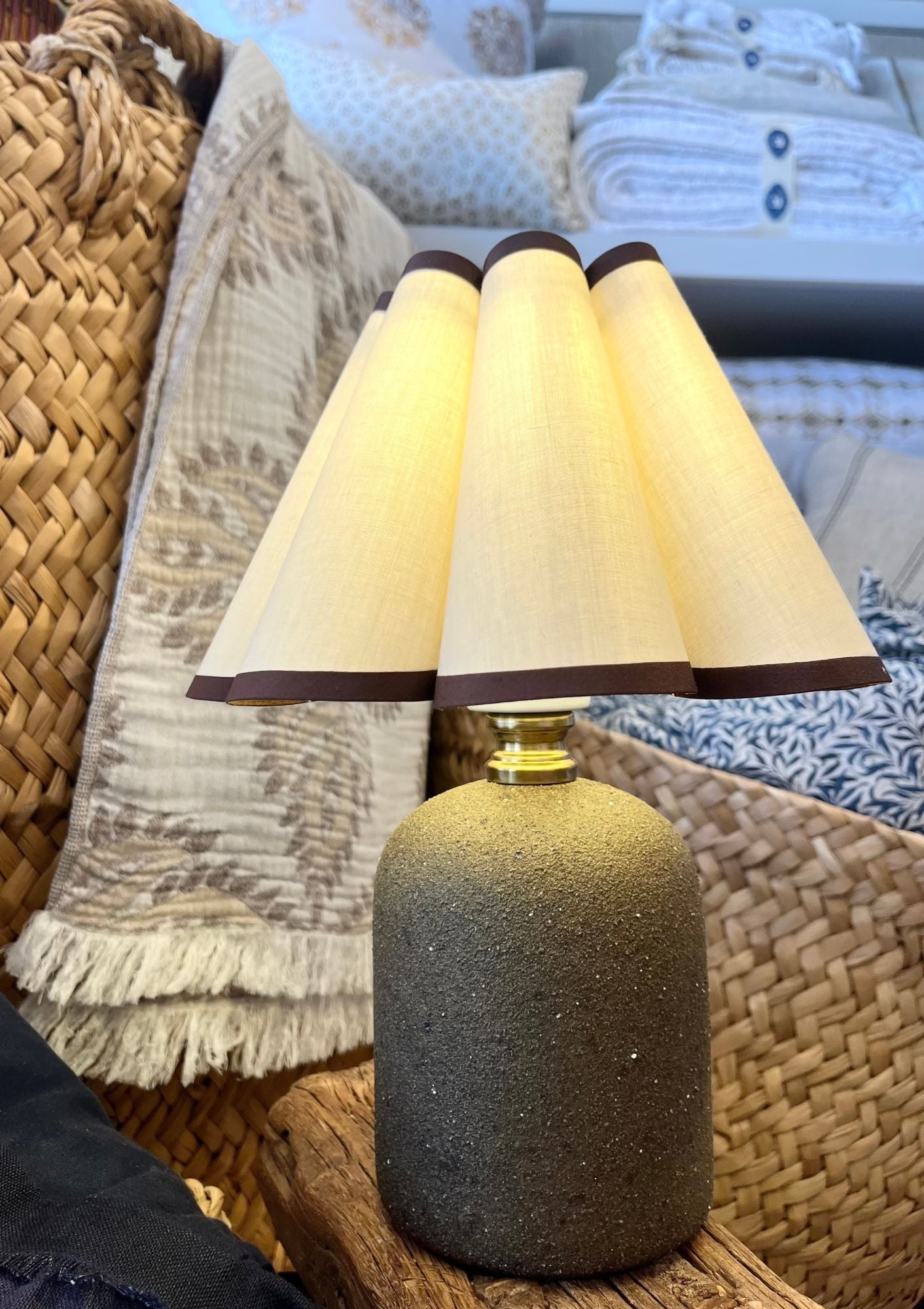 Handmade Duzy Lampshade With Trim & Ceramic Base | Khaki/Brown