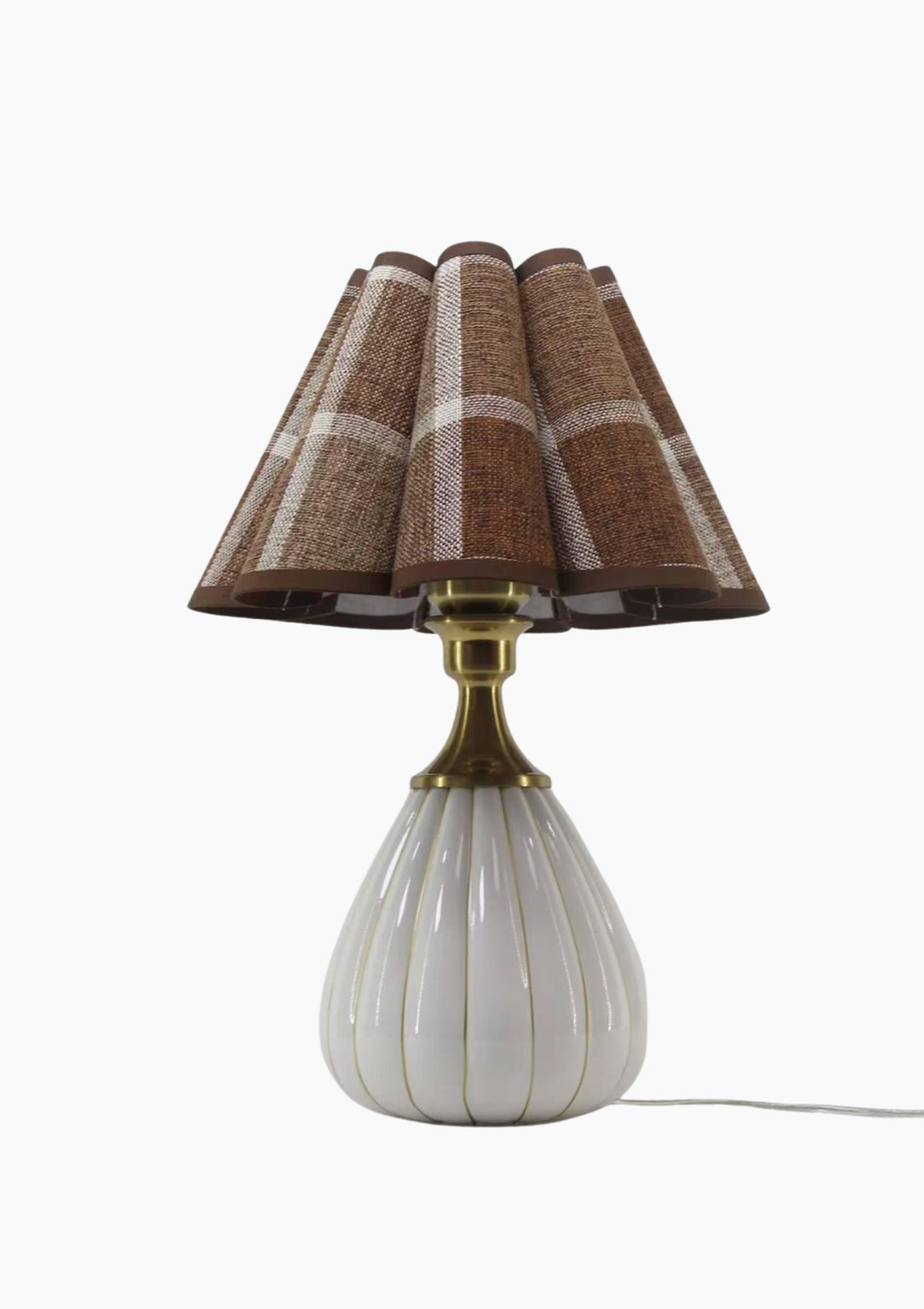 Handmade Duzy Brown Plaid Lampshade & Ceramic Base | White/Gold