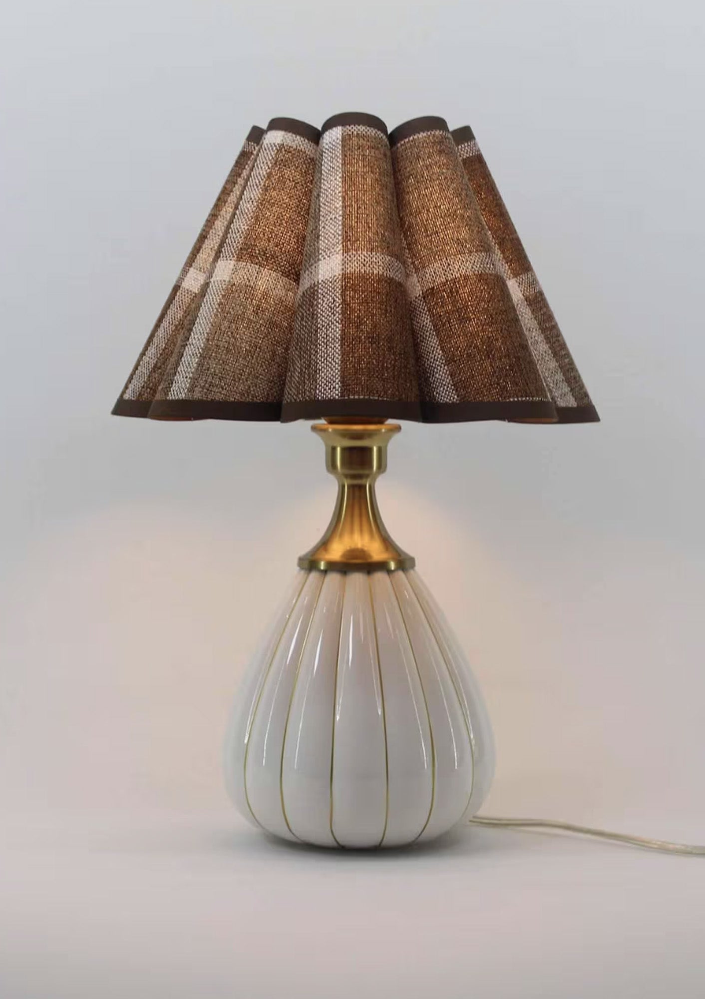 Handmade Duzy Brown Plaid Lampshade & Ceramic Base | White/Gold