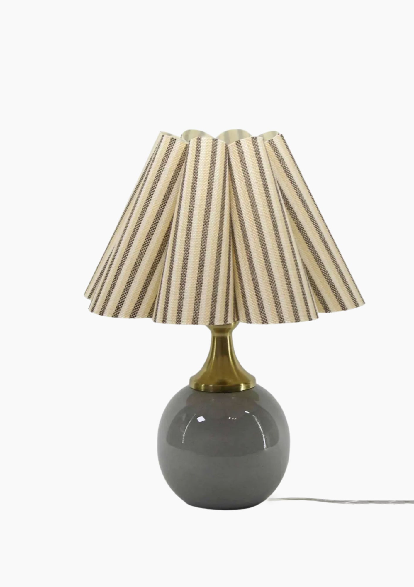 Handmade Duzy Khaki Stripes Lampshade With Trim & Ceramic Base | Light Grey