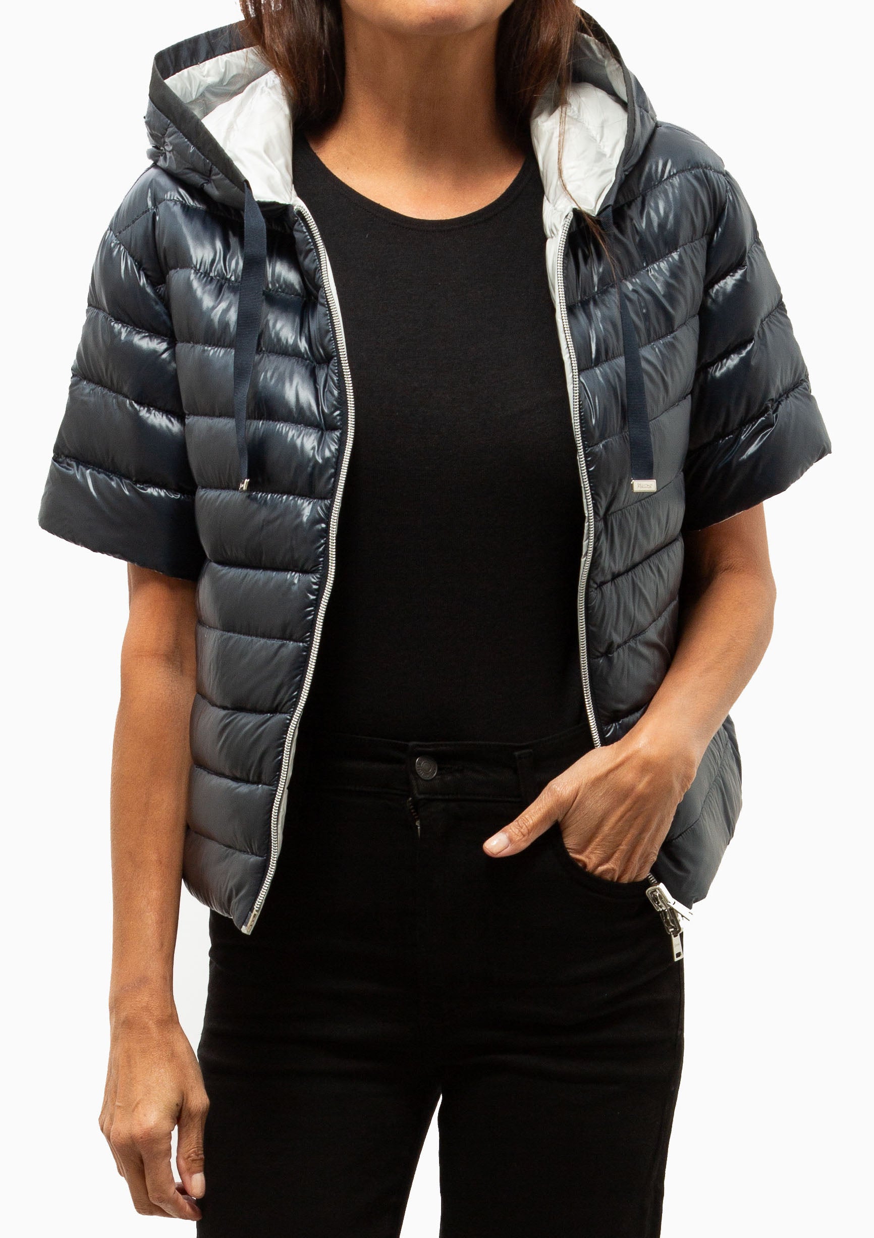 Nylon Reversible Hooded Cap Sleeve Jacket | Navy