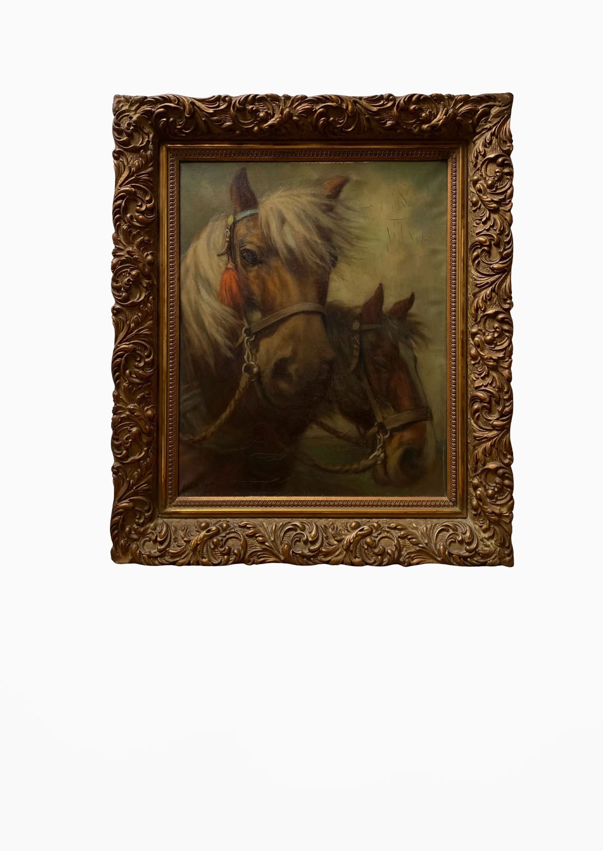 Original Antique Dutch Working Horses Portrait Oil Painting